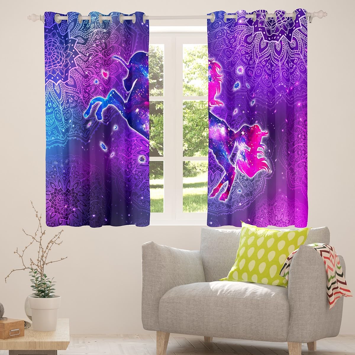 Lot de 2 rideaux de fenêtre à œillets motif licorne violette - Pour chambre d'enfant - 168 x 183 cm