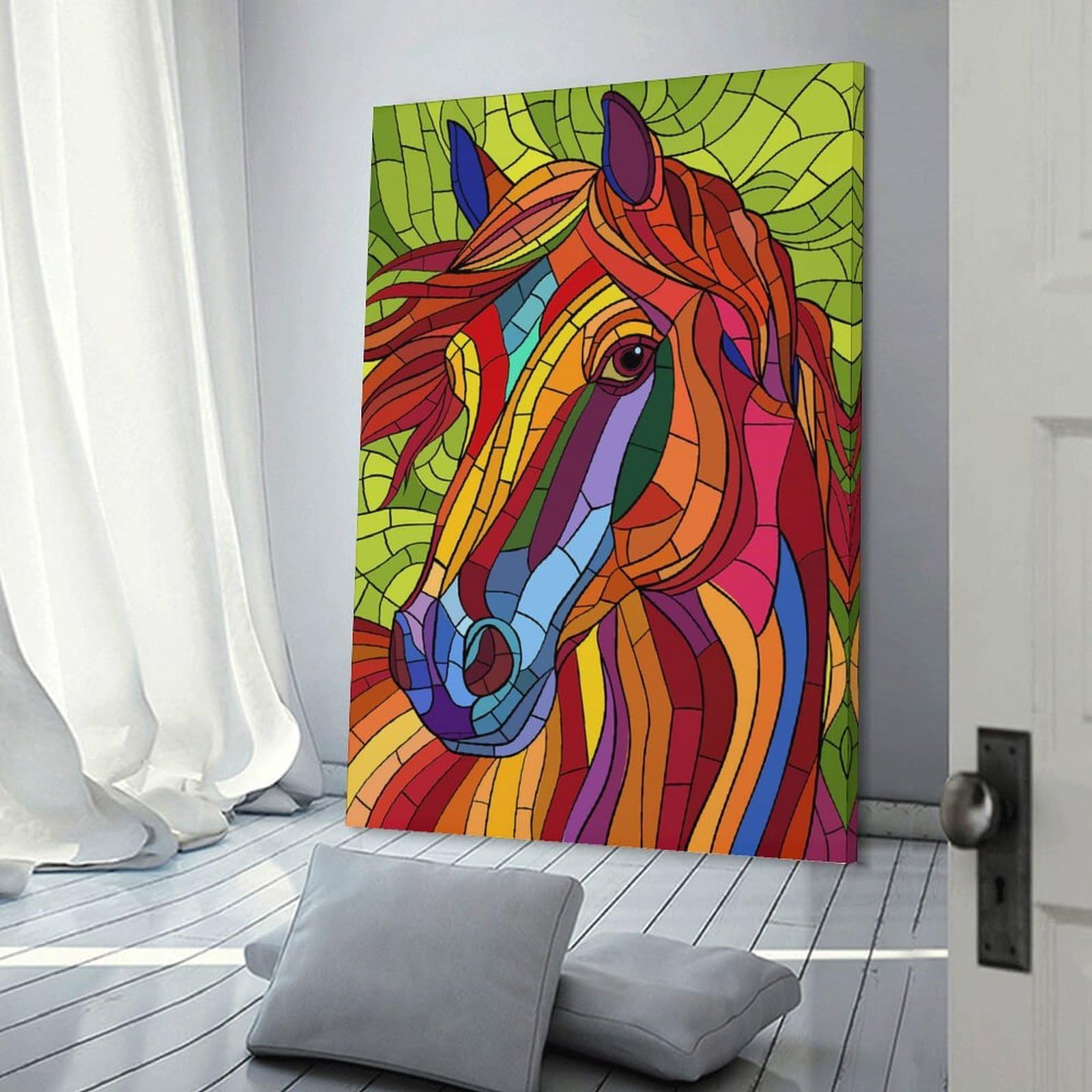 Junmoney Frame-Style-25 Colorful Stained Glass Horse Portrait Home Decor Wall Art, 16X24inch(40X60cm), For Wall Displays, Bedrooms Or Room Updates, Ideal For Building A Coordinated Art Wall