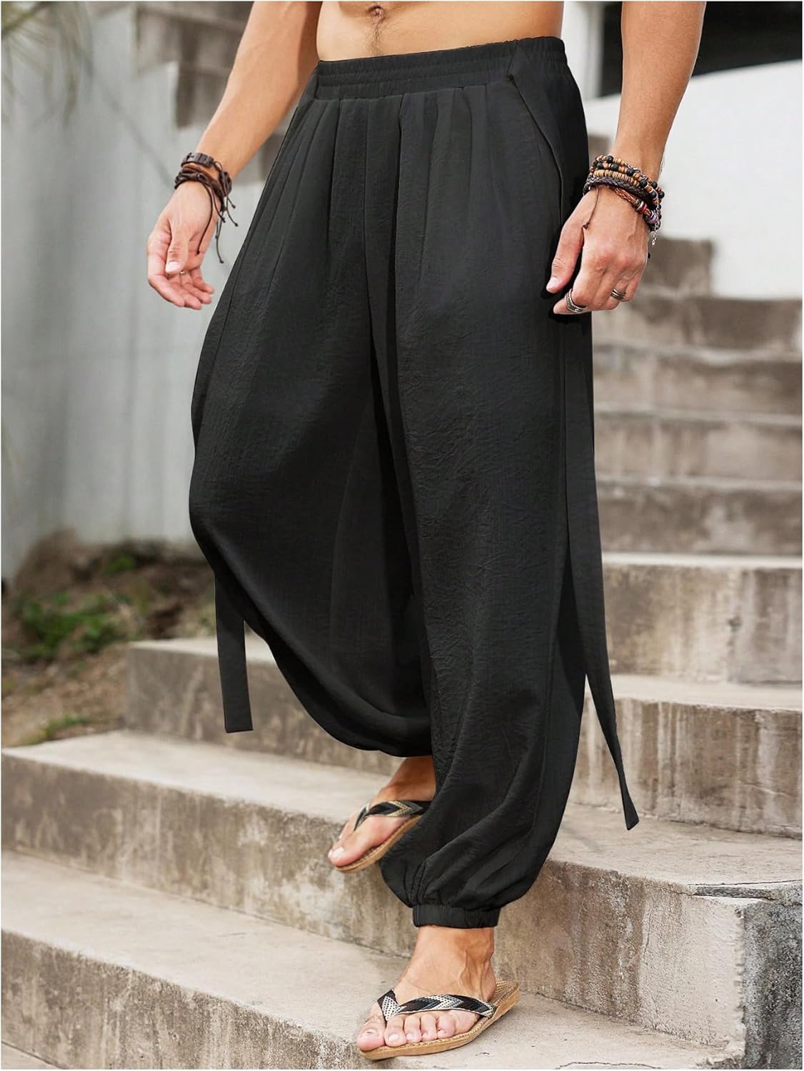 OYOANGLE Men's Harem Pants with Pocket Baggy Aladdin Hippie Loose Fit Elastic Waist Wide Leg Japanese Pants