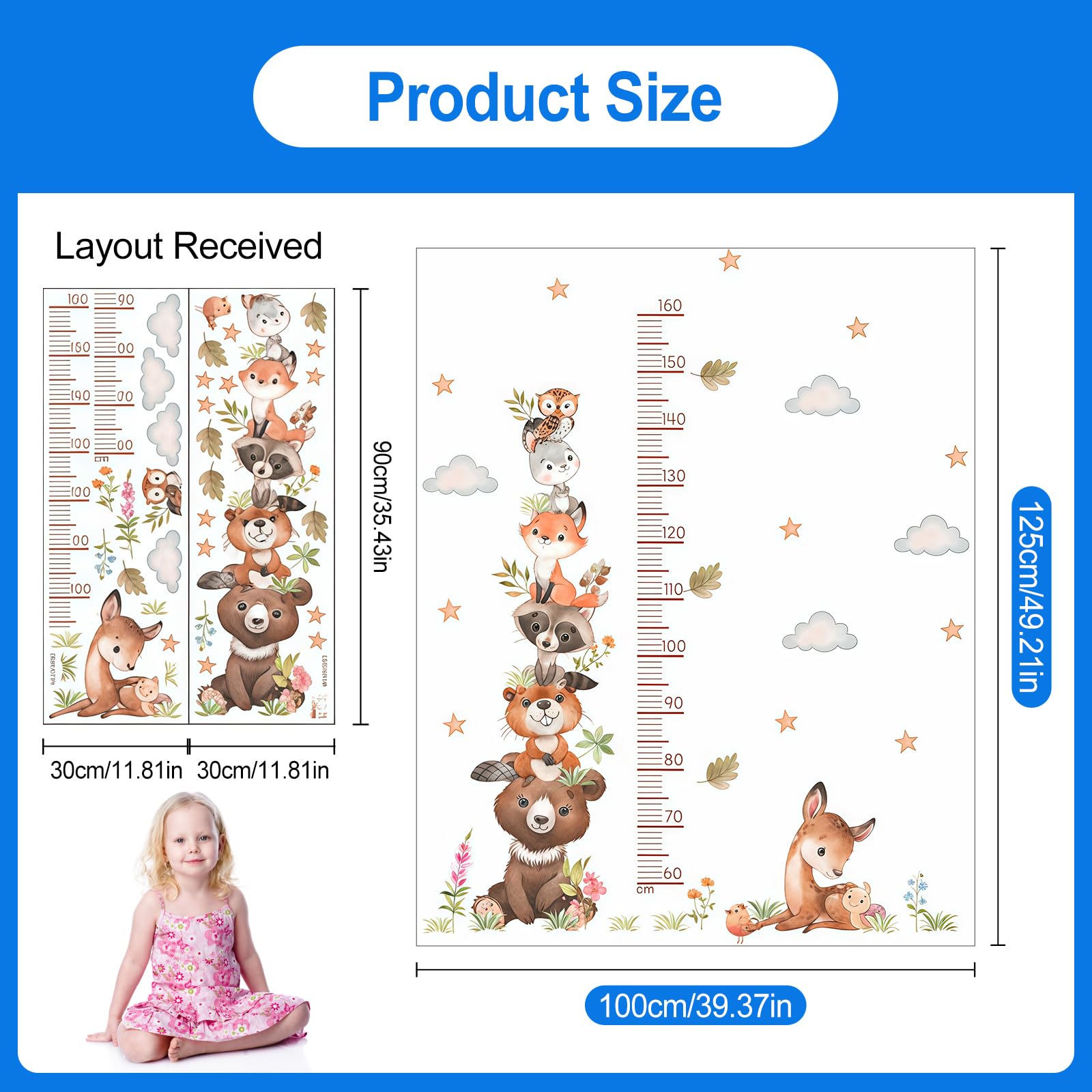 Sticker mural pour enfants - Motif animaux - Taille 60 à 160 cm - Toise adhésive - Étanche - Animaux de la forêt - Tableau mural - Toise - Toises de mesure pour chambre de bébé et enfant