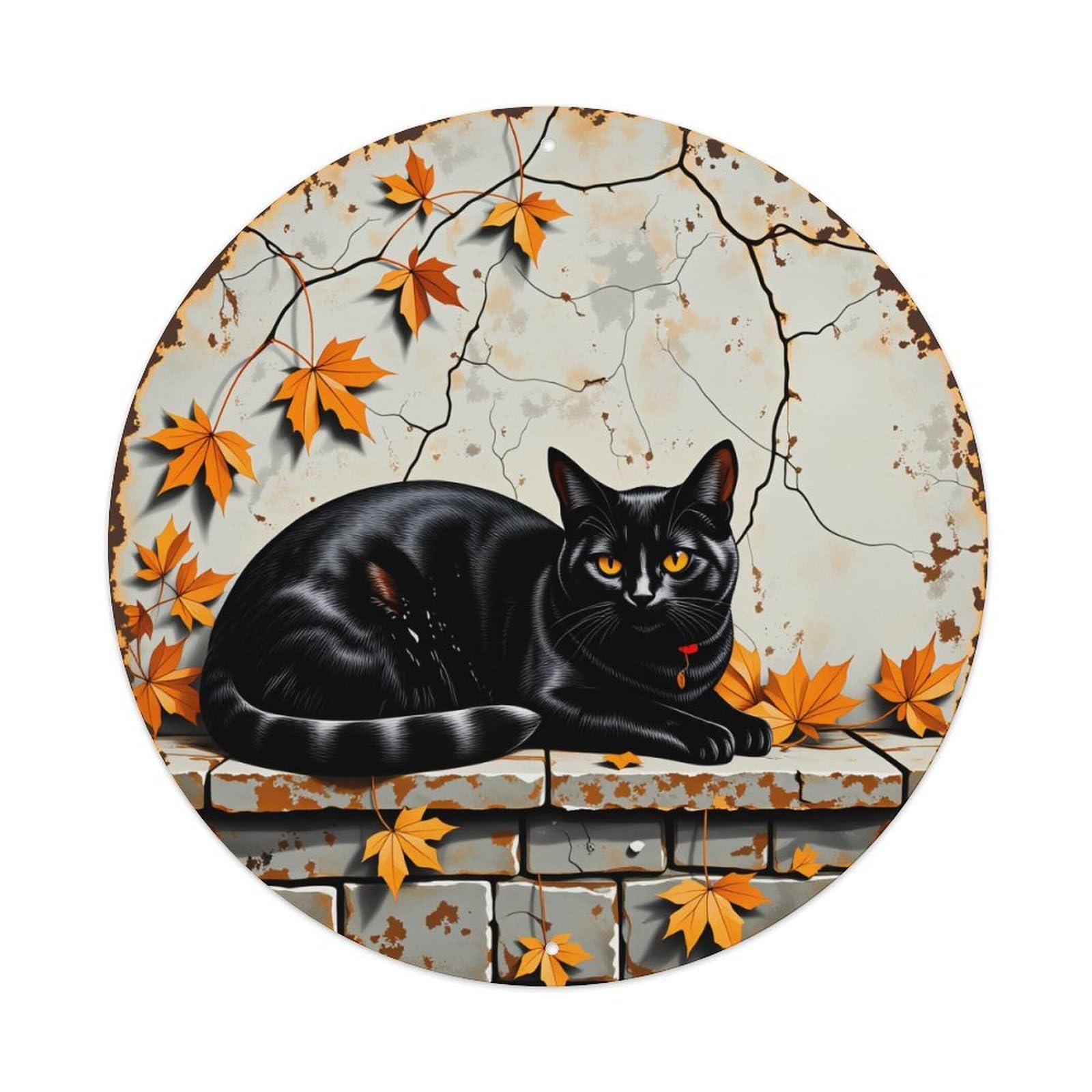 Black Cat Autumn Leaves Brick Wall Vintage Metal Tin Sign Retro Wall Decor for Home Bar Garage Cafe, Indoor & Outdoor Decorative，circle Metal Poster, 8x8 Inch