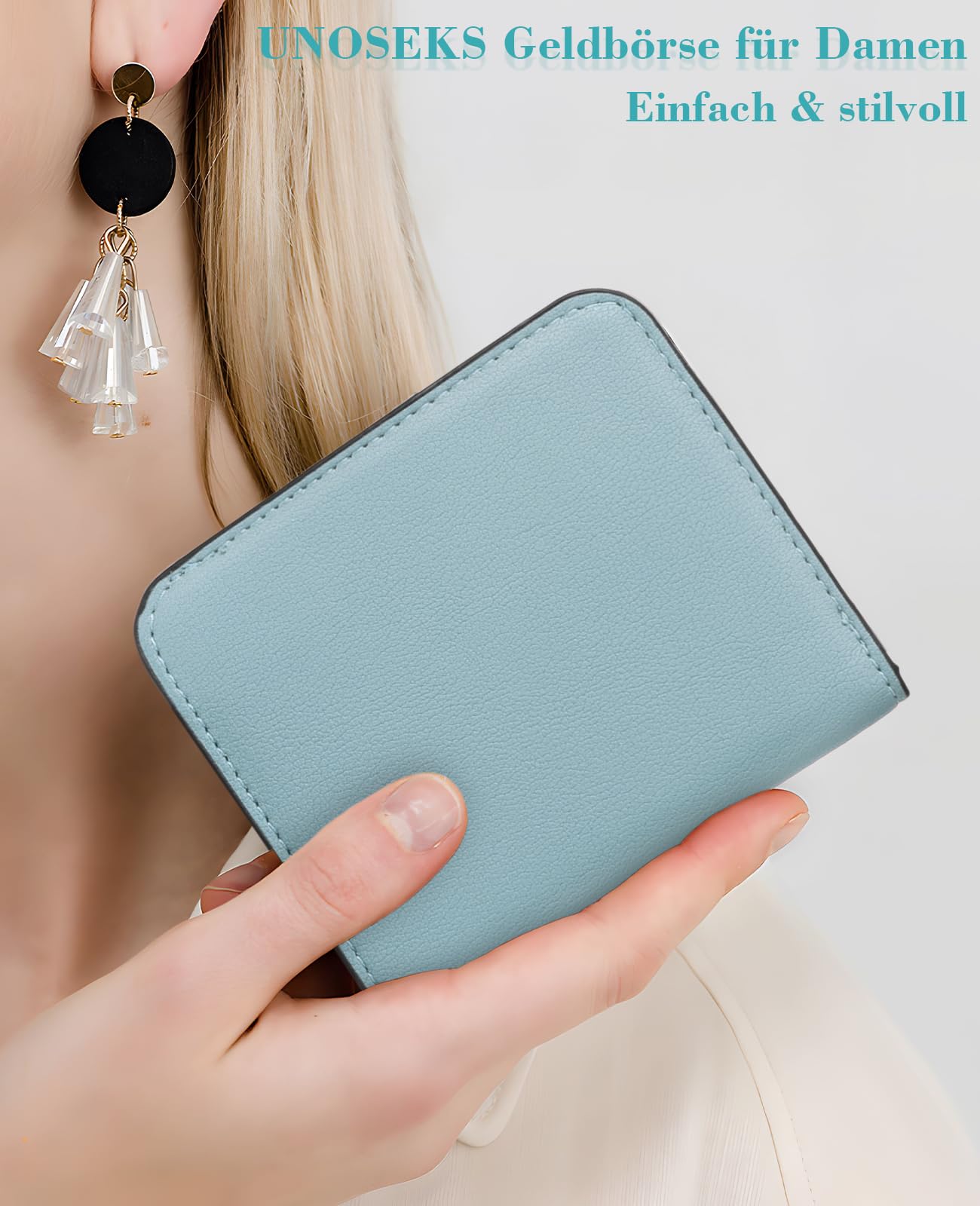 UNOSEKS Portafogli Small Furses for Women RFID Blocking, Slim Wallet Genuine Leather Compact Bi-Fold, 7 Card Wallet with Zipper Coin, Blu
