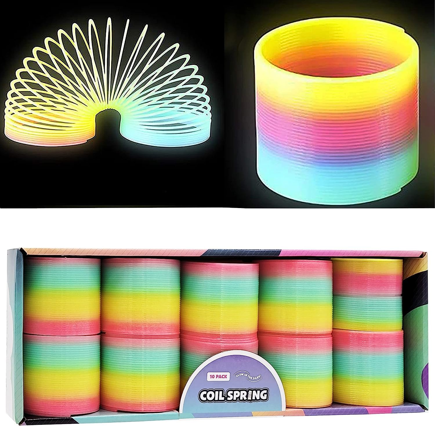 100-Count Plastic Coil Spring, Glow-in-The-Dark Magic Rainbow Slingy, Party Favor, Birthday Bag Filler, Stocking Stuffers, 3" (80MM) (100-Pack)