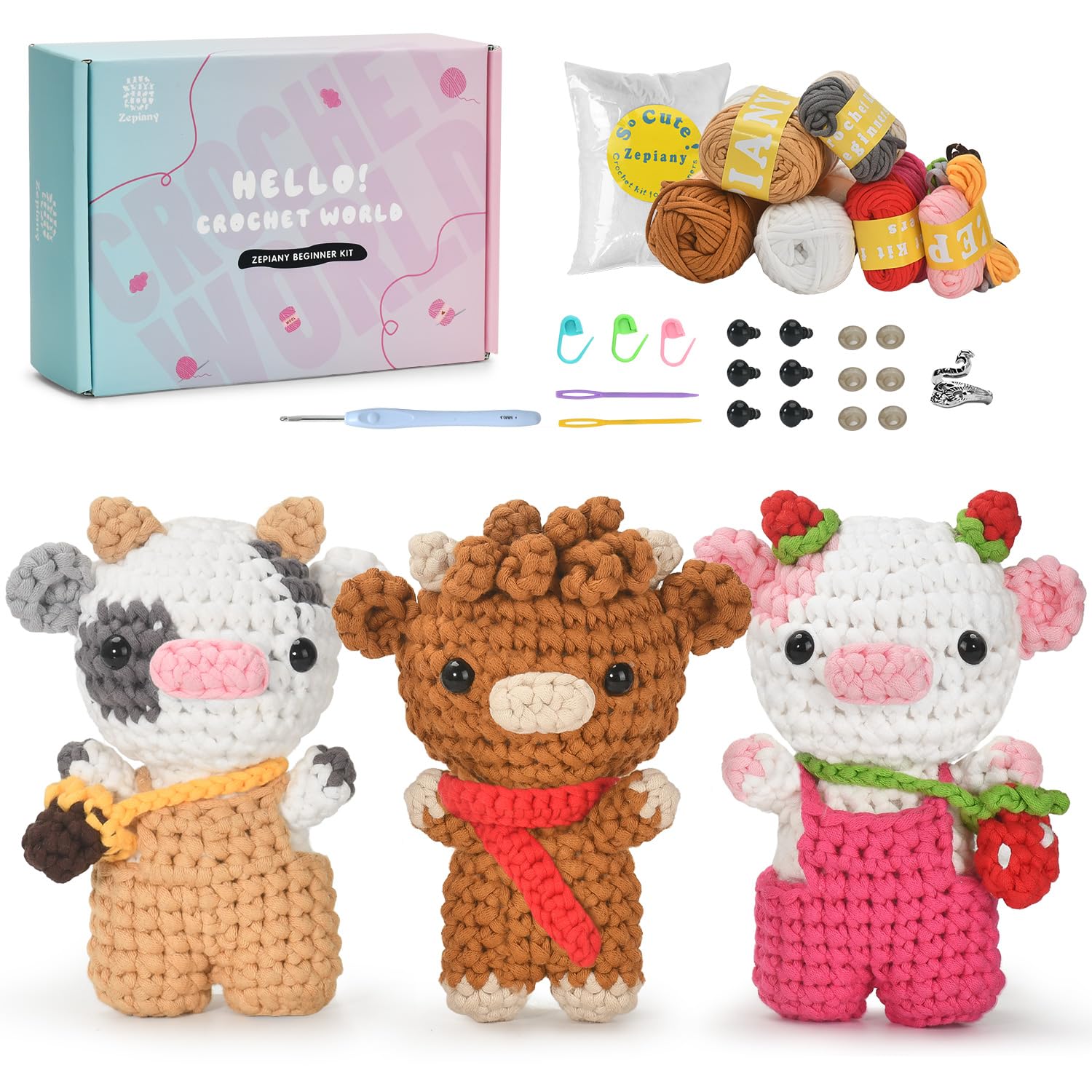 Zepiany Crochet Kit for Beginners 3 PCS Amigurumi Animal Cows Starter Kit Step-by-Step Video Tutorials DIY Craft Gifts for Adults Knitting Lovers Mother Teacher Graduates with 40% Extra Yarn