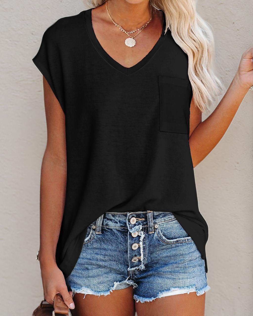 WMZCYXY Womens Summer V Neck Tops Sleeveless T Shirt Casual Loose Fitting Tank Tops with Pocket - Image 5