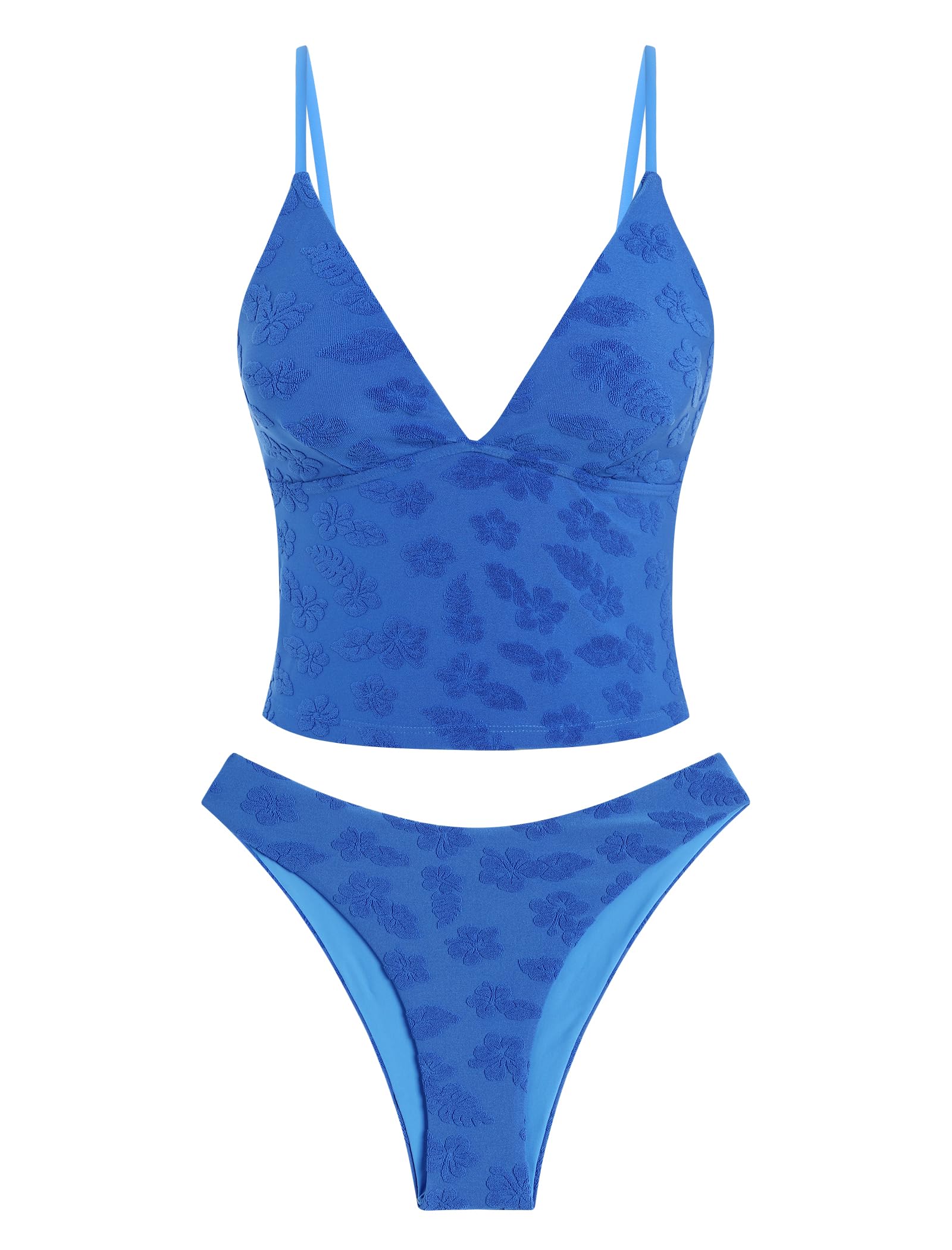 ZAFUL Womens Spaghetti Strap Tankini Swimsuits V Neck Tummy Control Tie Side Thong Bikini Swimsuits 2 Piece Bathing