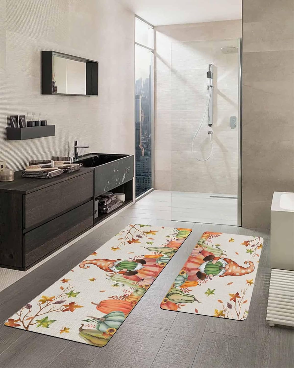 Harvest Festival Bath Mat for Tub,Non Slip Bathroom Floor Runner Rug Quick Dry & Absorbent Diatomaceous Earth Shower Sink Kitchen Doormat,Thanksgiving Fall Boho Gnomes Pumpkin Leaves 20x24+20x48