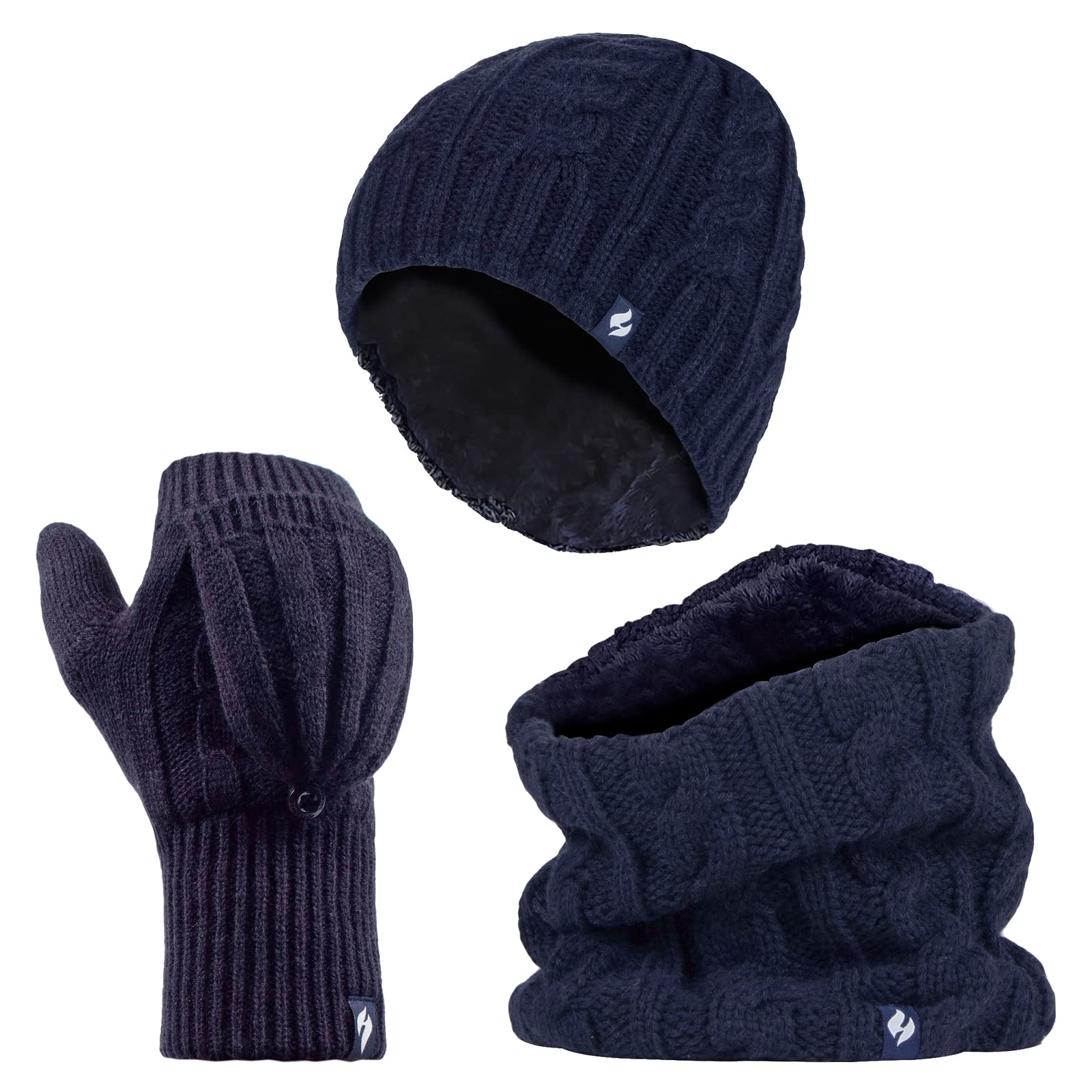 Heat Holders Women's Fleece Lined Thermal Winter Hat, Neck Warmer & Converter Gloves Set in Navy