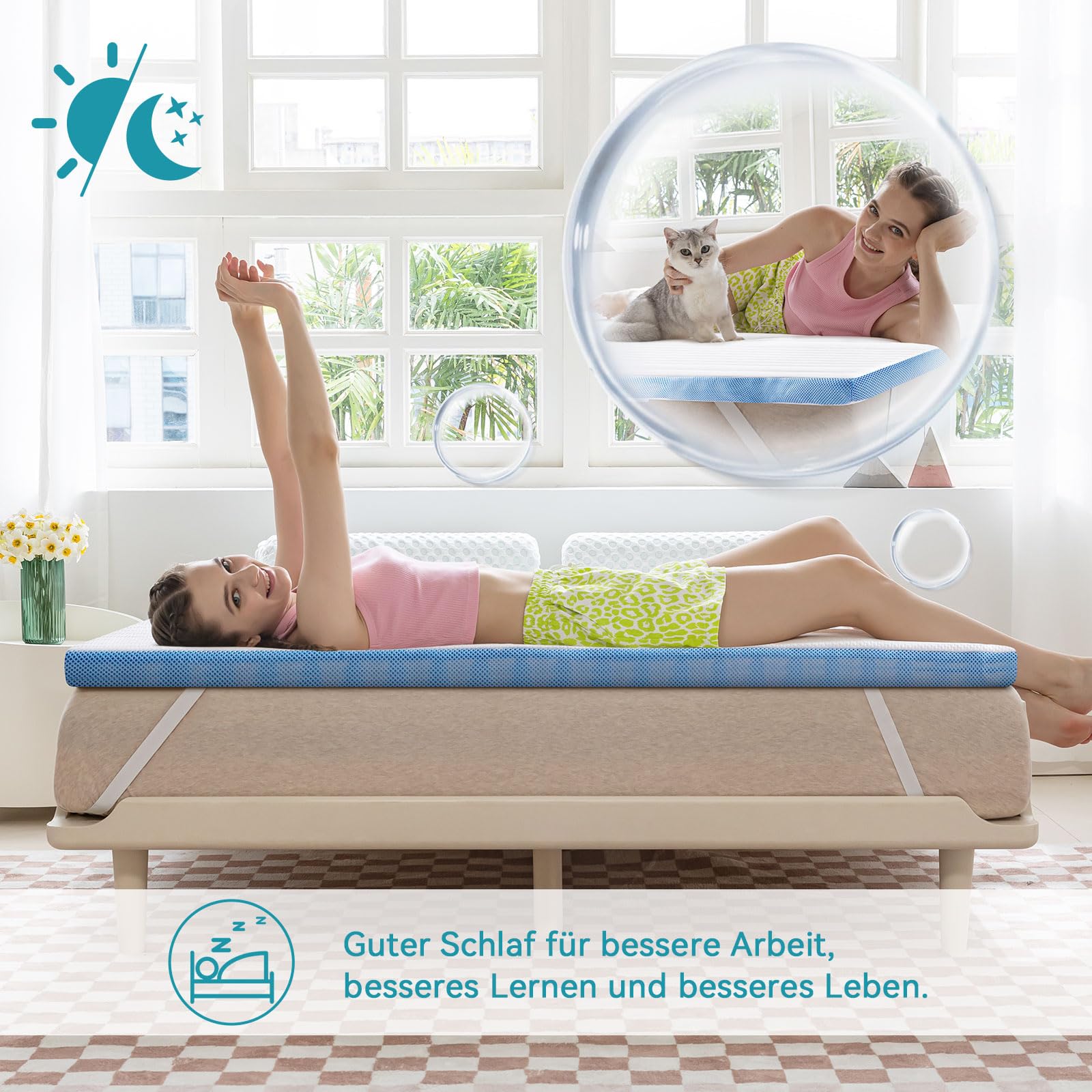 Amazon Basics Memoryschaum Matratzenauflage mit Bändern, 140 x 200 cm, 5 cm Höhe, weiß