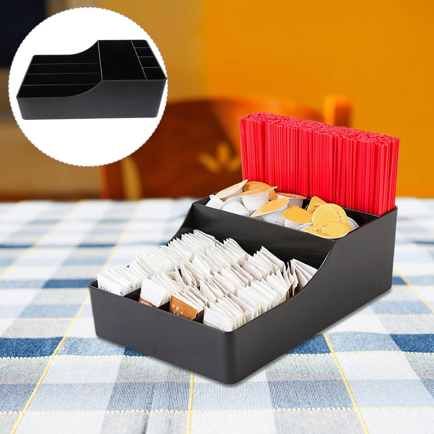Desktop Condiment Organizer and Sugar Packet Holder Plastic Coffee Bar Storage Box with Compartments for Office and Kitchen Countertop Use