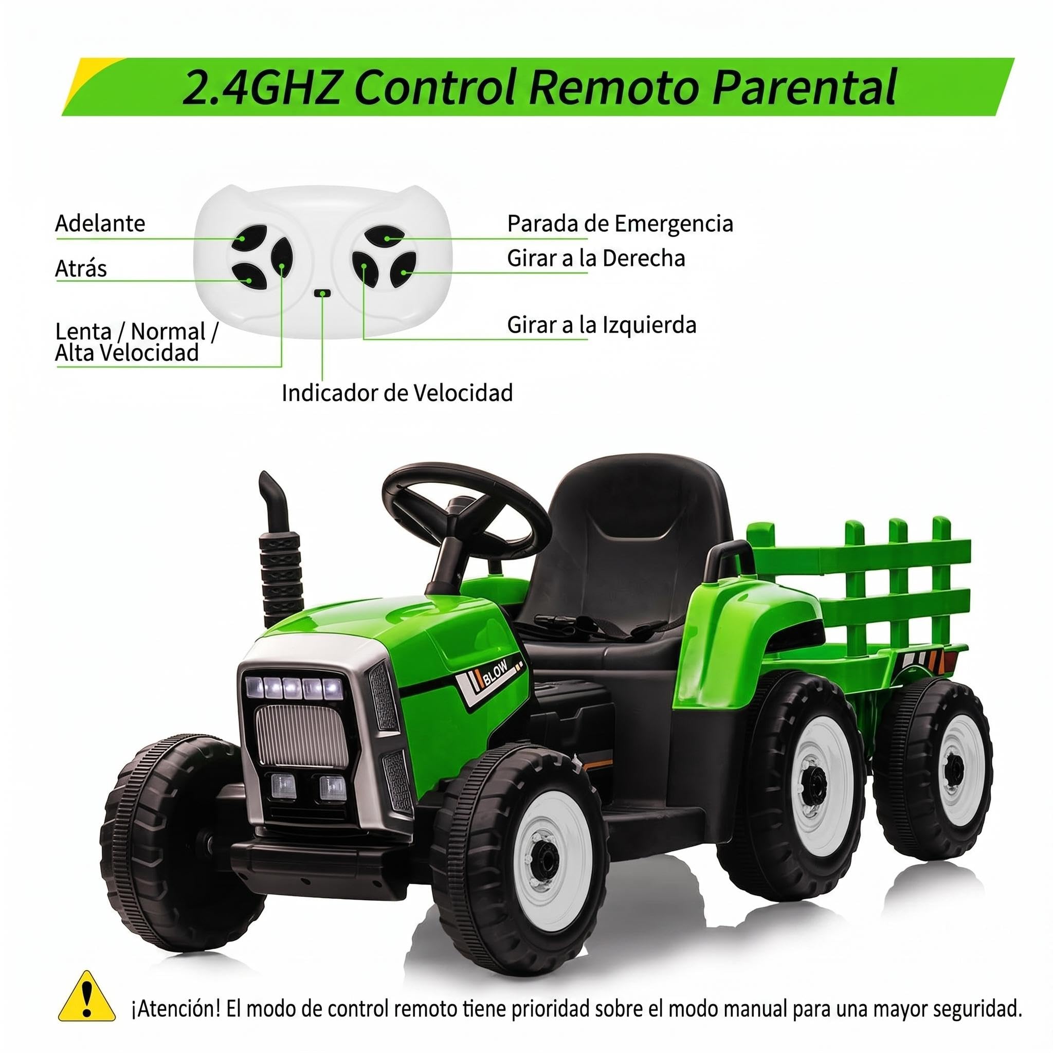 Garvee Tractor Electrico para Niños con Mando 2.4g, Remolque Desmontable,3 Velocidades Ajustable, LED, Música, Pedales, Inalámbrico,USB, Vehículo De Batería para Niños De 3 a 6 Años, Verde
