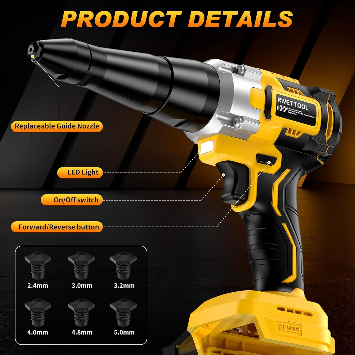 Cordless Rivet Gun Compatible with DeWalt 20V Battery(NO Battery) Brushless Electric Rivet Gun for 1/8", 5/32",3/16" Rivets,With 3 Rivet Head and LED Light,Ideal for Metalworking,Auto&DIY Projects