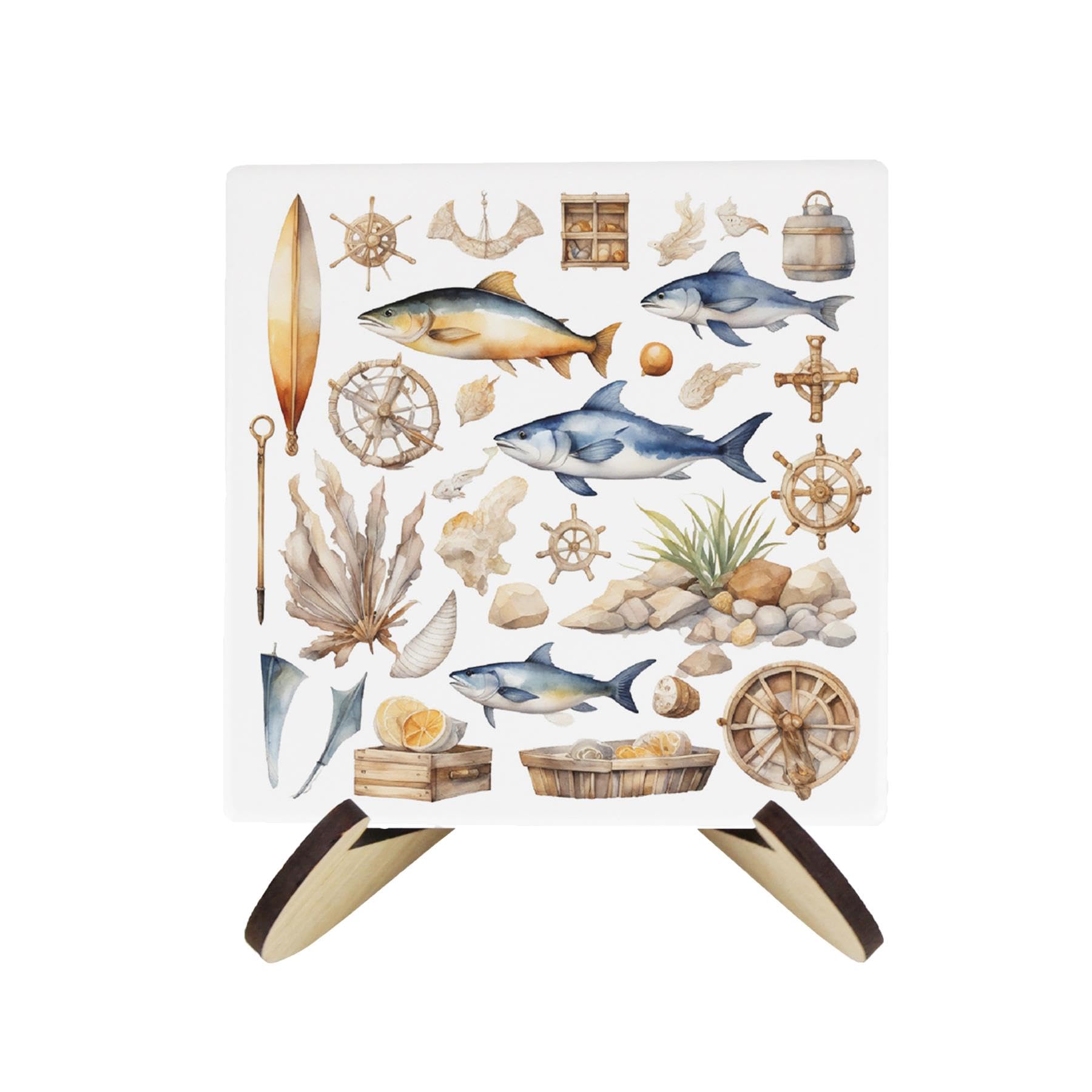 Seaside Maritime Ceramic Coaster Set - Sailing Fishing Diving Square Set of Four (4) Coasters Gift & Wood-Effect Coaster Stand