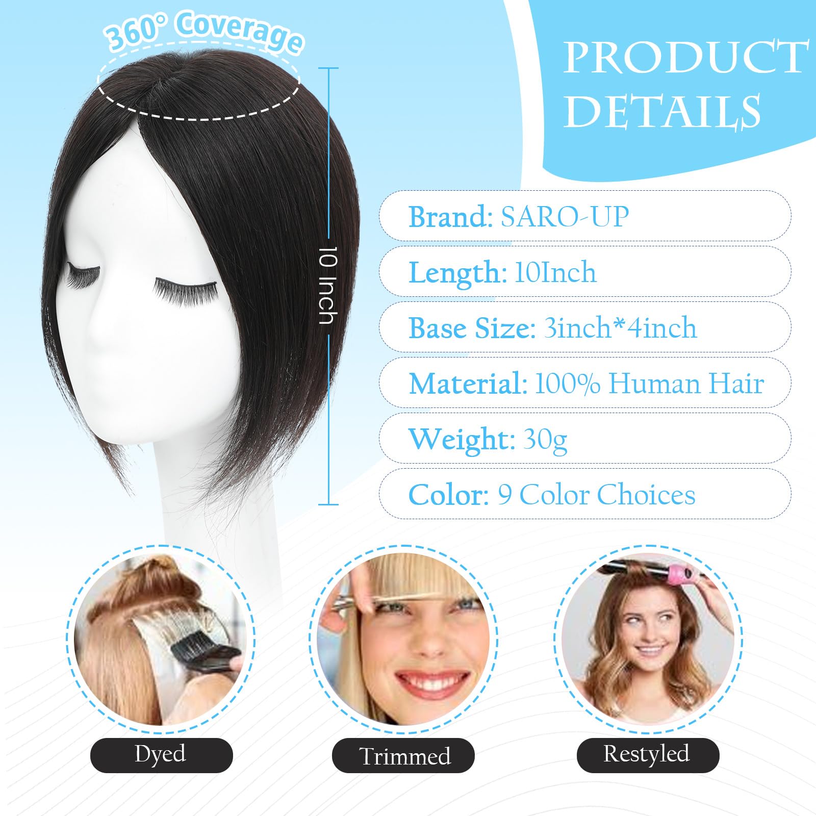 Hair Toppers for Thinning Hair Toppers for Women Real Human Hair Pieces with No Bangs 3 * 4Inch Hand-Tied Invisible Upgrade Swiss Base 10Inch Topper (Natural Black) - Image 3