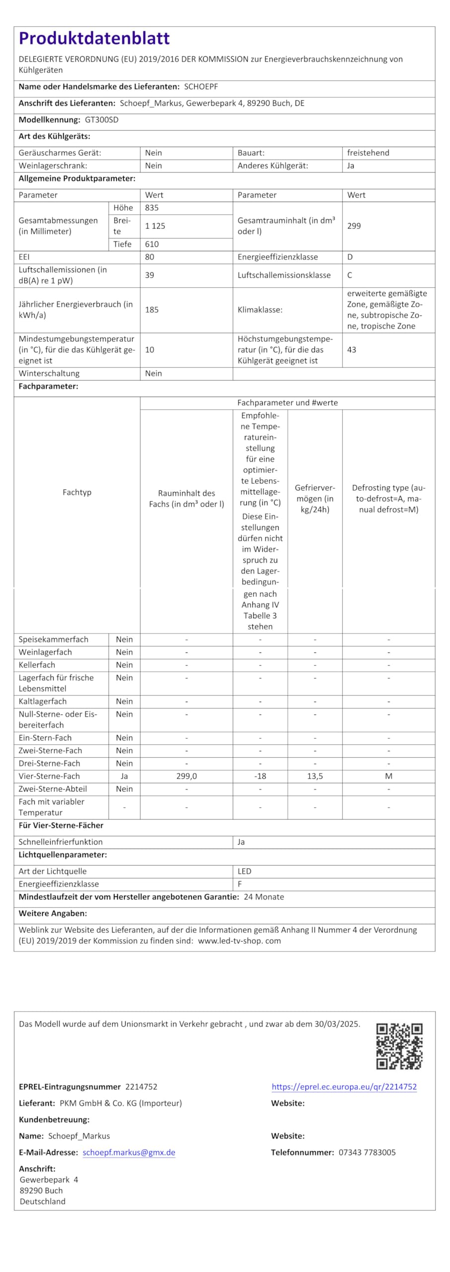 SCHOEPF GT300SD Gefriertruhe 299 L Weiß 83,5 x 112,5 x 61 cm Energieklasse D LED-Beleuchtung Schnellgefrieren 39 dB 4-Sterne-Kennzeichnung Freistehend
