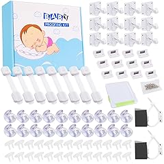 69 Packs Baby Proofing Kit including 12 Hidden Cabinet Locks, 8 Adjustable Safety Latches, 26 Outlet Covers, 20 Baby Proof Corners, 2 Anti Tip Furniture Anchors Kit and 1 Sliding Glass Door Lock
