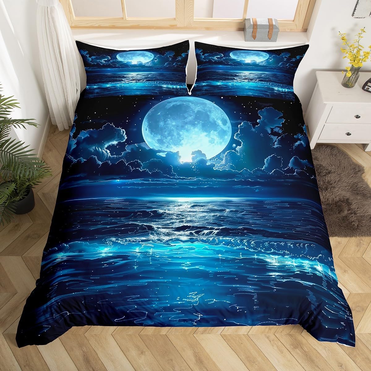 Feelyou Beach Moonlight Comforter Cover Set Queen Size Coastal Ocean Seagull Bedding Set for Boys Girls Natural Landscape Bedding Duvet Cover Set Room Decorations Bedspread Cover 3Pcs,No Stuffing
