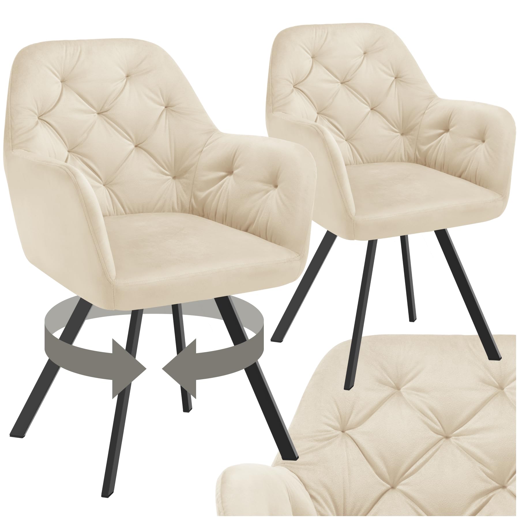 tectake® 2er Set Esszimmerstühle drehbar mit Armlehne, Samtstoff Drehstuhl ergonomisch, Möbel für Wohnzimmer, Stühle für Dining Lounge, Office, als Schminkstuhl oder Schreibtischstuhl - Creme