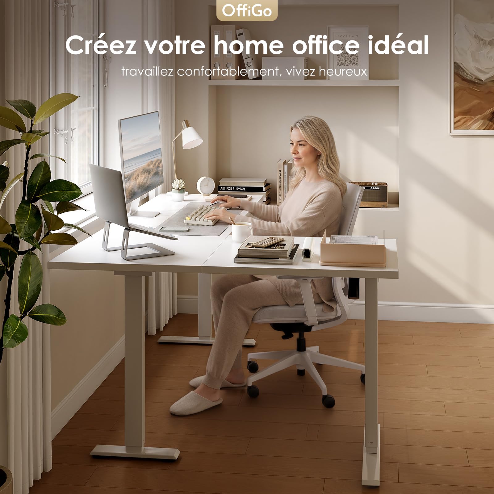 OffiGo Bureau d'angle Assis Debout, 160 x 120 cm Ergonomique réglable Hauteur en Bureaus d'ordinateur Assis Debout, pour Bureau à Domicile, Blanc