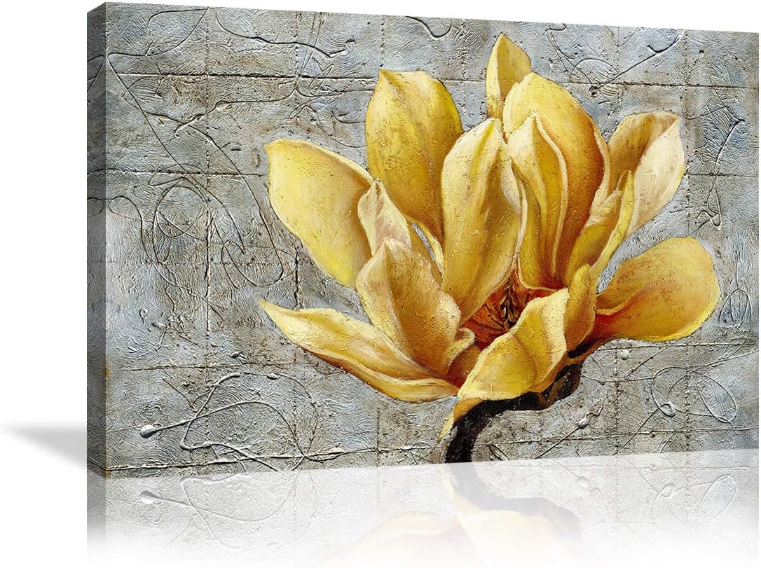Yellow Grey Flower Wall Art Abstract Gray Background Print on Canvas Home Decor Decal Pictures Poster for Bedroom Living Room Printed Painting Gifts Framed Ready to Hang - 36''x24''