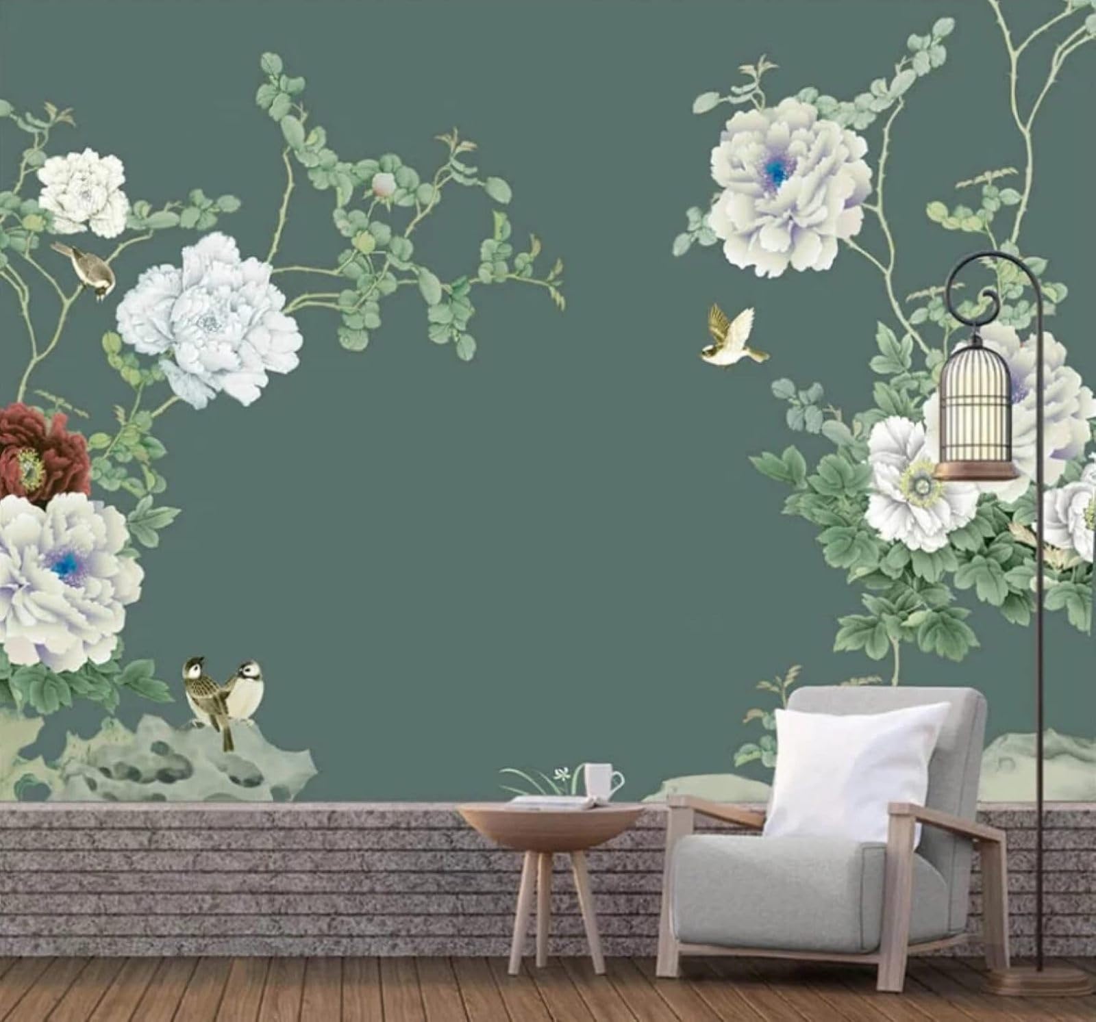 XLMING Fresh Green Beautiful Peony Birds 3D Wallpaper Luxury Silk Study Dining Feature Sofa Grey Bedroom Living Room Tv Decorative Wall-350cm×256cm