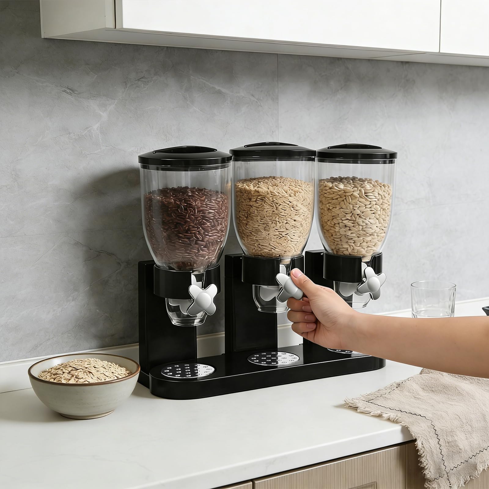 Juego de 3 dispensadores de cereales de 2 litros con ventana (negro) | Distribuidor triple de cereales, para cereales, arroz, dulces, granos de café, 44 x 16 x 35 cm
