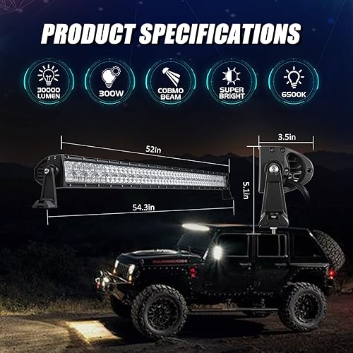 Miniatura 2 de Auxbeam Barra de luces LED de 52 pulgadas y 300 W, lámpara de conducción todoterreno súper brillante de 30000 lúmenes, lente 5D, doble fila,