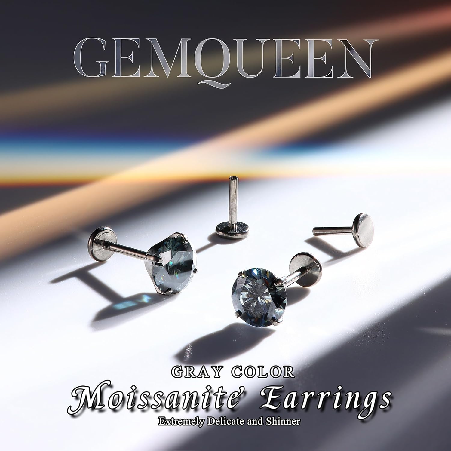 GEMQUEEN Moissanite Earrings G23 Titanium Extended Internal Thread Flat Back Earrings Hypoallergenic Tragus Cartilage Helix Conch Piercing Jewelry for Women Men 18G 6/8mm Post Gray/D Color 0.2-3CT
