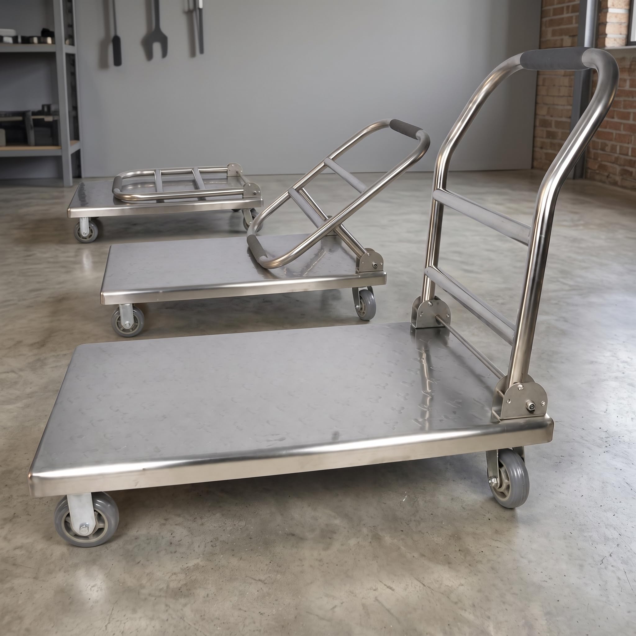 Edelstahl Plattformwagen faltbar, klappbar Transportwagen mit Bremse für Wkstatt & Lag, Edelstahl klappbar, 6 Zoll kraftsparende Räder, 100 cm x 60 cm