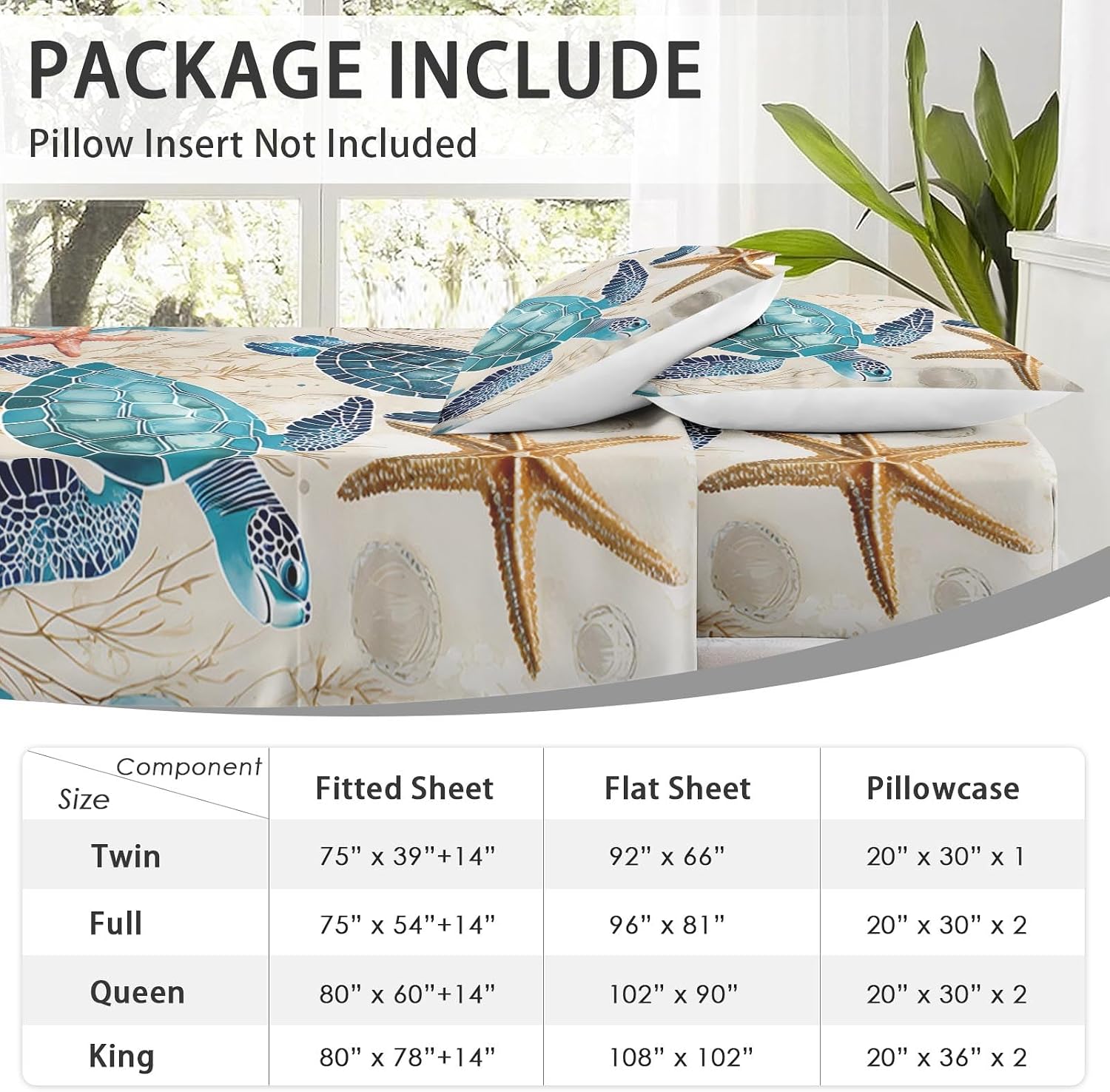 WeCozy Full Size Bed Sheet Sets with Pillowcases, Ocean Coral Sea Turtle 4 Pcs Soft Microfiber Bedding for Kids and Adults, Blue Shell Animal Flat, Fitted Sheet for Bedroom Bed Decor
