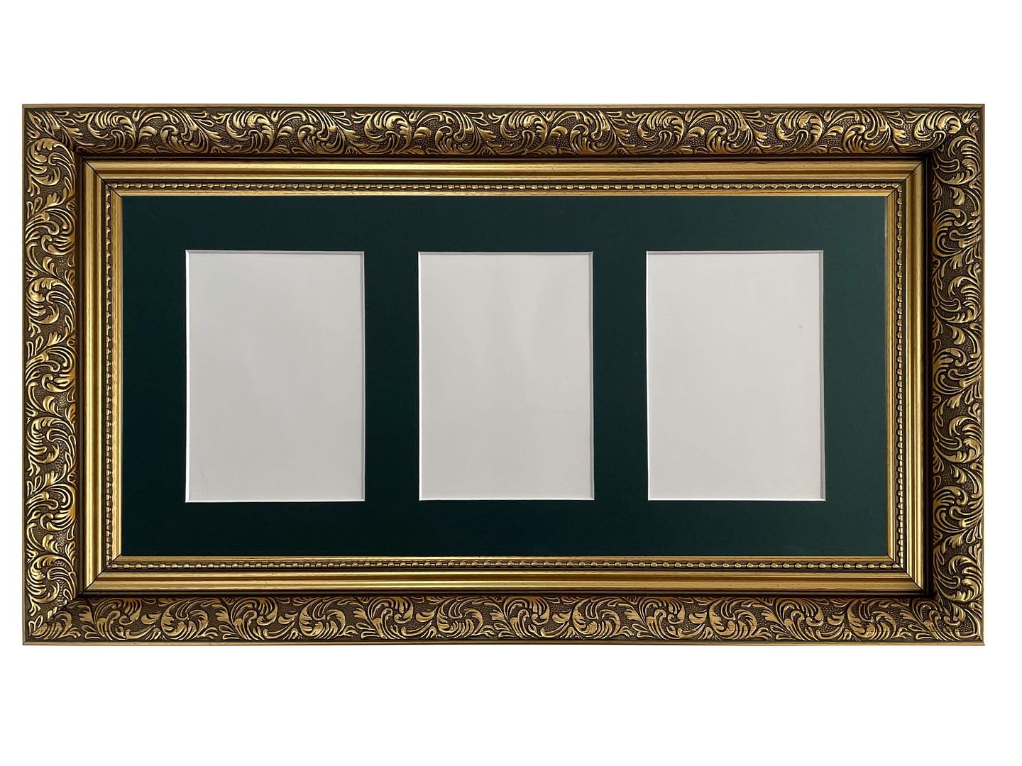 FRAMES BY POST Large Dahlia Gold Picture Photo Frame with Dark Green Mount 21 x 10 for 3 Images Size 7 x 5 Inch Plastic Glass