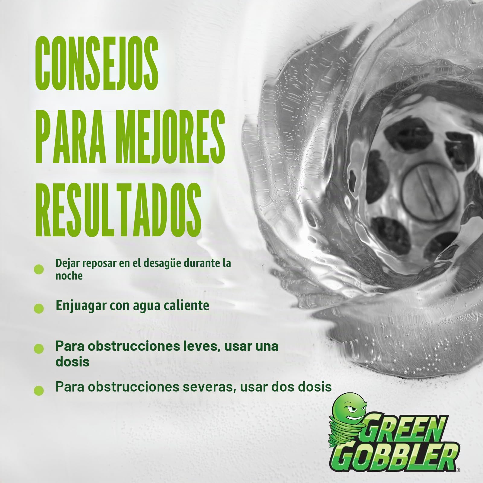 Green Gobbler Limpiador y removedor de obstrucciones de drenaje de cabello líquido, para inodoros, fregaderos, bañeras, séptico, paquete de 2
