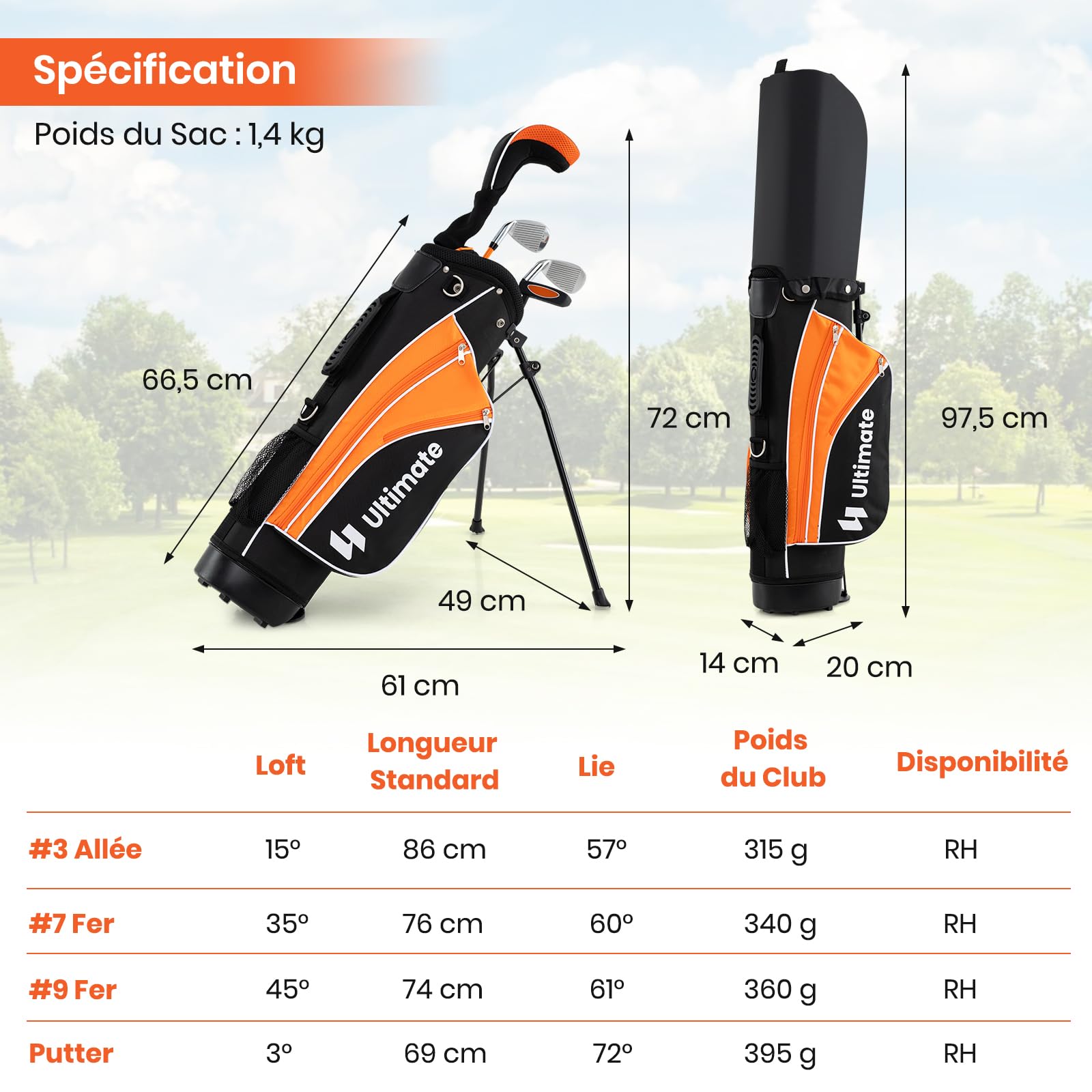 GYMAX Ensemble Complet de Clubs de Golf pour Enfants, #3 Fairway, #7 & #9 Fers, Putter, Sac de Golf Trépied Housse Protecteur de Pluie, Couvre-tête, pour Droitiers Juniors 8-10 Ans