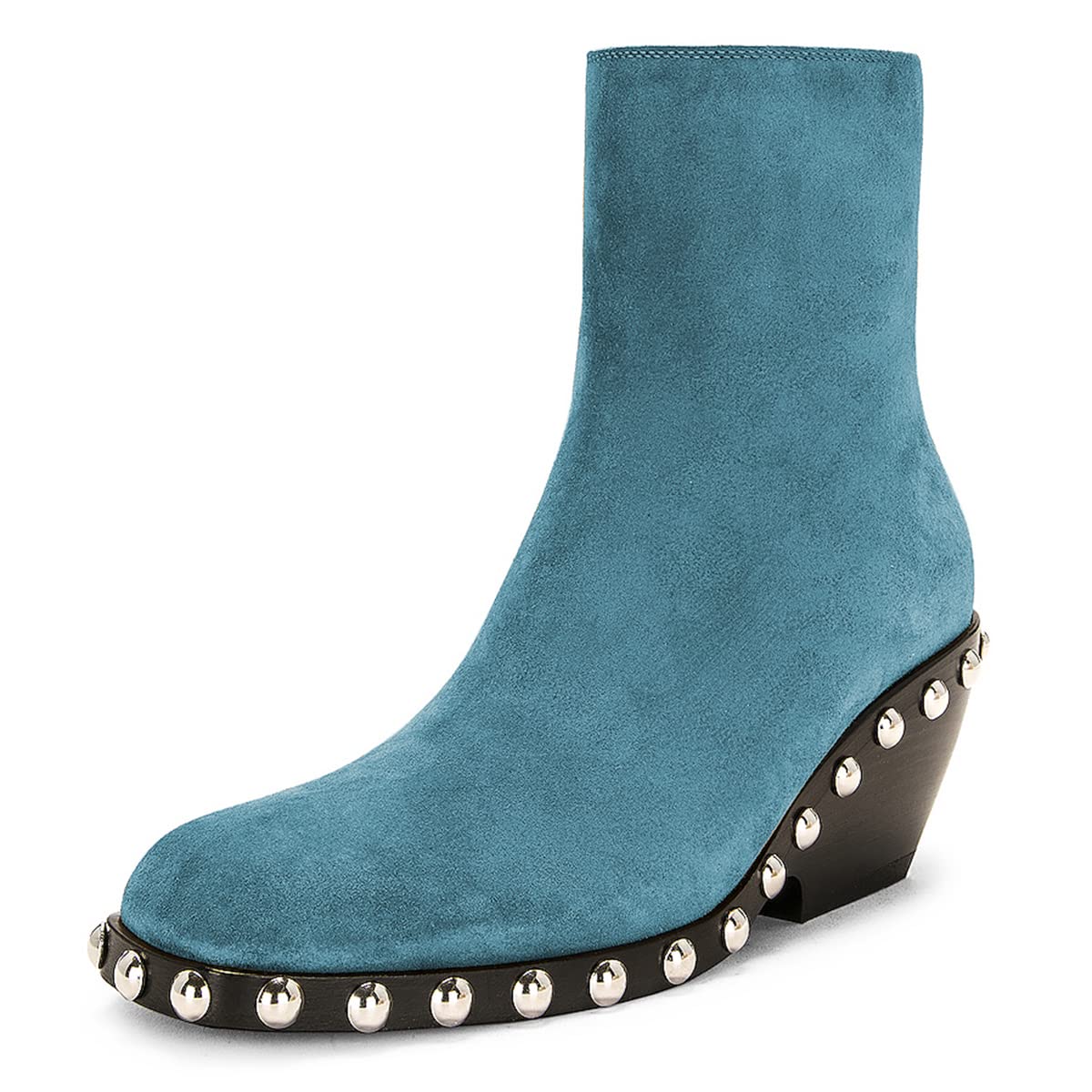 YDN Women Rivet Studded Round Toe Ankle Boots Chunky Mid Heel Booties Side Zipper Fashion Outfit Daily Shoes