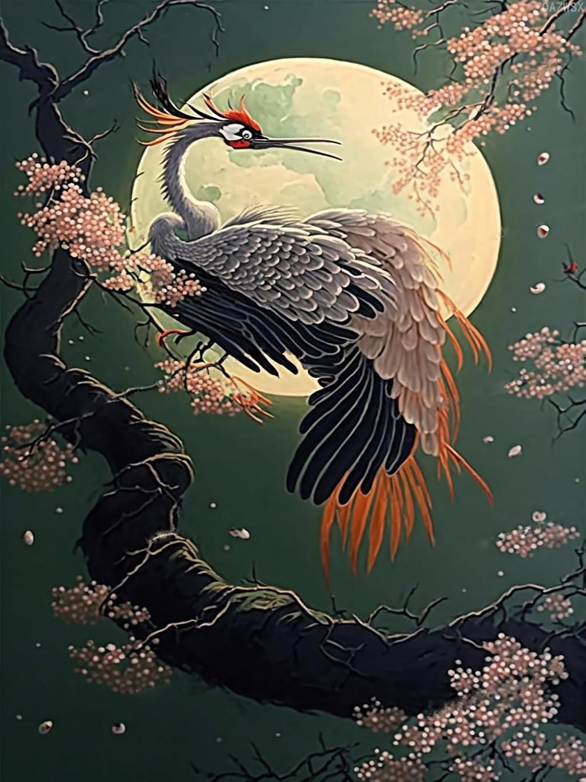 QAZWSX Diamond Painting Peach Blossom Tree Moon for All Beginners, Landscape Art Chinese Style Flying Bird Full Round Diamond DIY Painting Kit Room Decor Office Decor 30x40 cm
