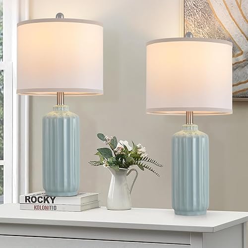 Lámpara para sala de estar, dormitorio, lámparas de mesa de granja, juego de 2 lámparas de mesa de cerámica con rayas verticales, pantalla de lino