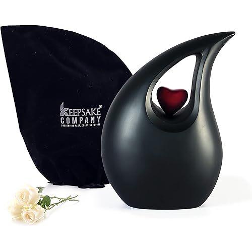 Large Black Matte Teardrop Urn with Red Heart for Human Ashes Male - Urns for Adult Men and Women - Cremation Urns for Ash, Funeral/Burial Urns, Decorative and Keepsake ERN, Heart Urn, 2.5 LTR
