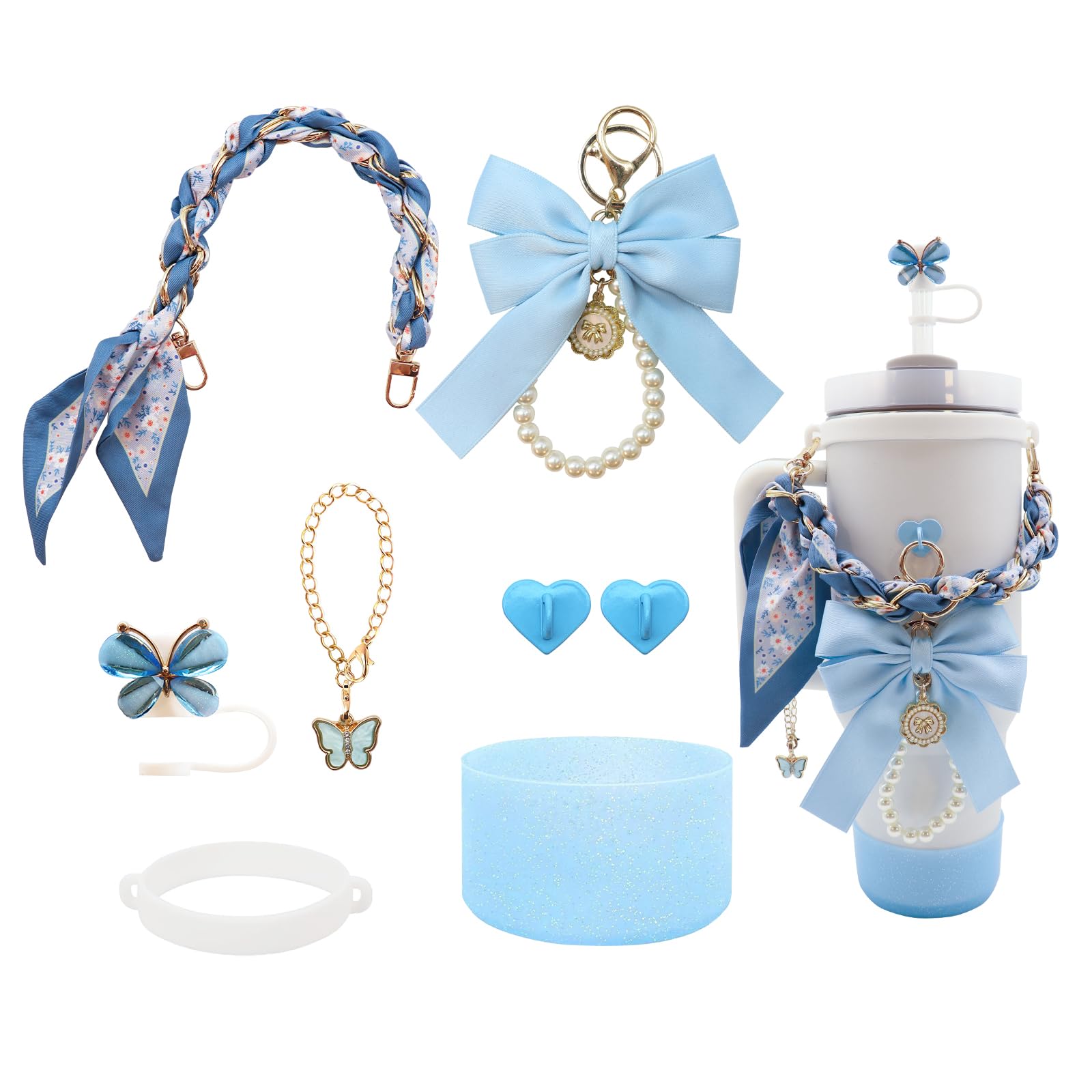 Stanley Cup Accessories set for 40oz & 30oz Tumbler including Water Bottle Handle StrapăBow KeychainăCup RingăBling Silicone Bootsăbutterfly Straw TopperăCharm Accessories for Stanley (Blue)