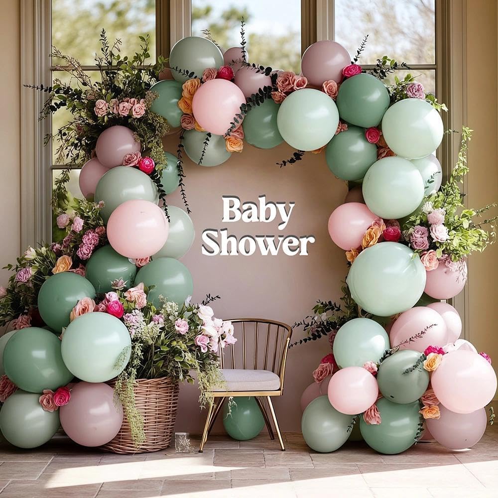 Pink Green Balloon Arch with Artificial Flowers Double Stuffed Dusty Light Pink Sage Green Balloon Garland Kit Eucalyptus Leaves for Baby Bloom Birthday Bridal Shower Wildflower Tea Party Decorations