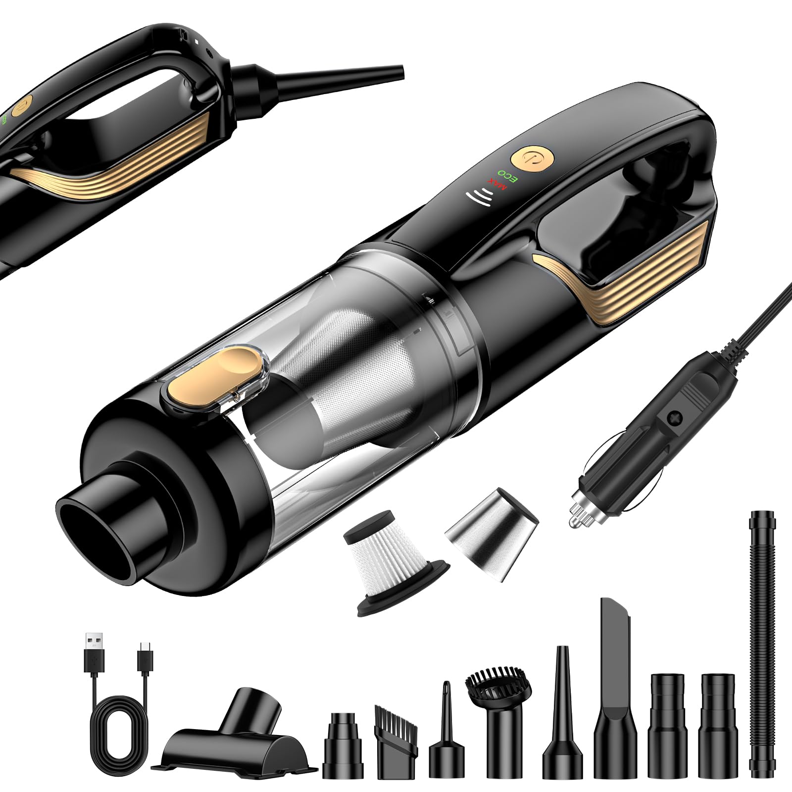 Handstaubsauger Akku 4-in-1, 27000PA Auto Staubsauger Stark, Autostaubsauger Kabellos mit 12V Kfz-Zigarettenanzünder-Anschlusskabel 5m, 2-Gang 80000 U/min Handstaubsauger Auto für Auto, Haushalt