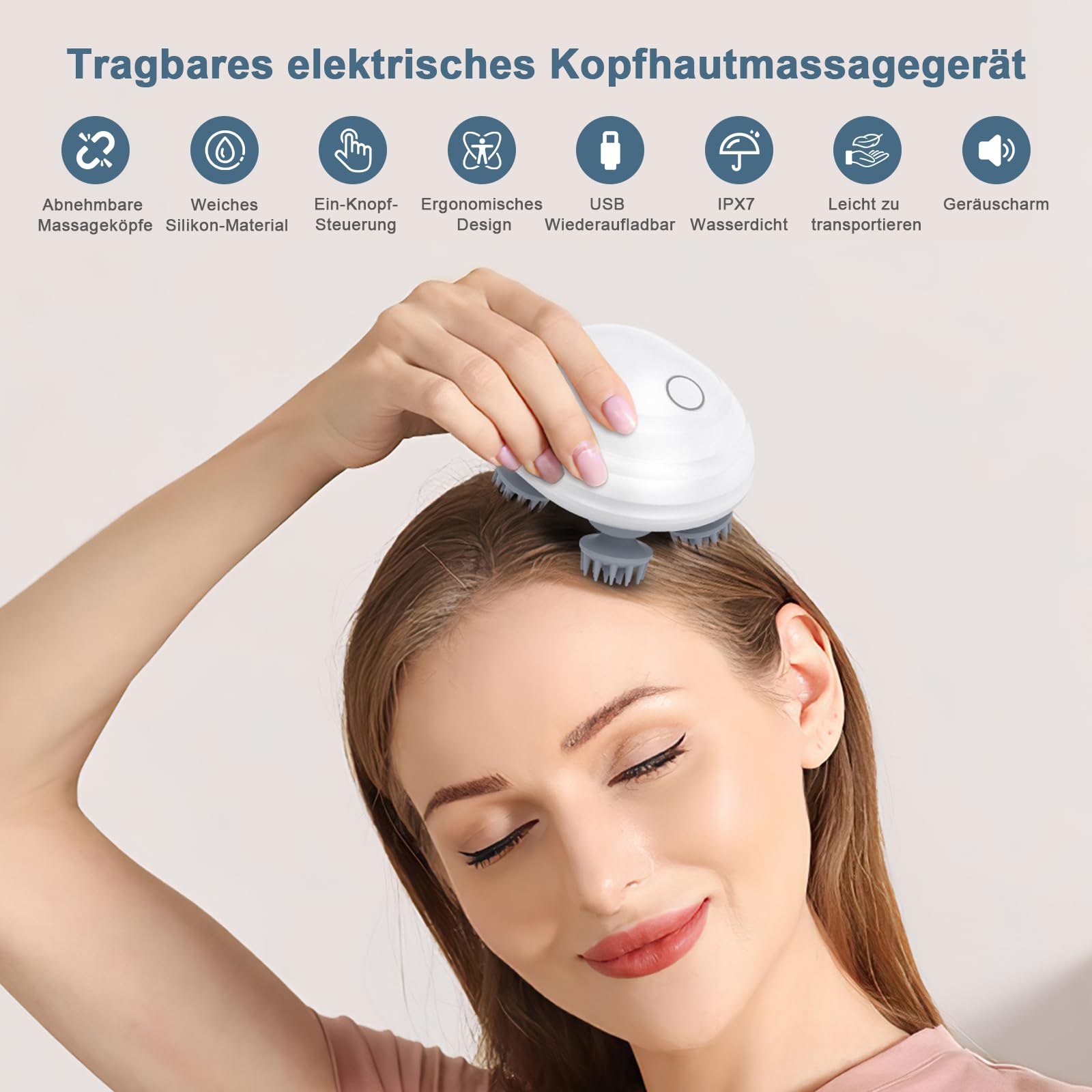 Bezprzewodowy masażer głowy IPX7 z 8 wymiennymi głowicami