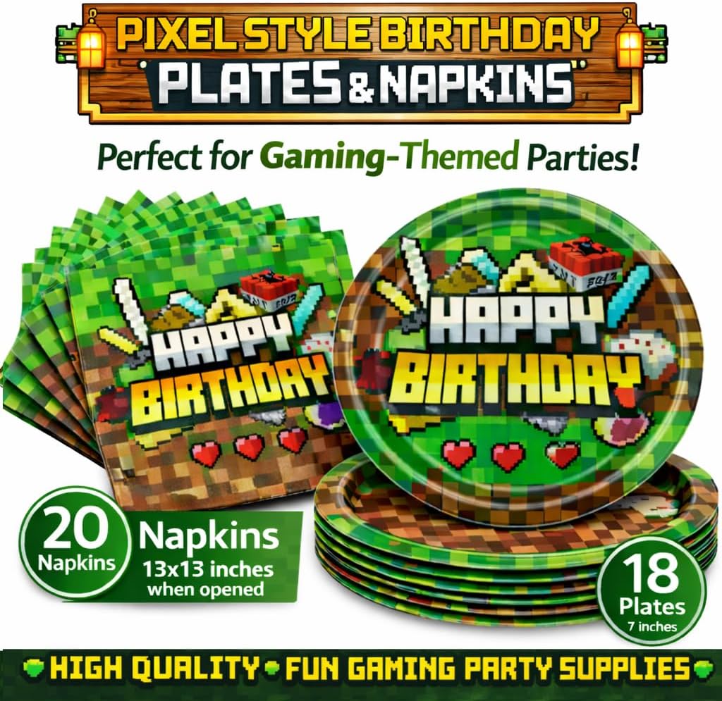 Pixel Game Birthday Party Decorations - Miner Supplies Set Gaming Theme - Including Banner Balloons Tablecloth Plates Toppers Napkins Favor Bags - Mining Bday Pack Craft Decor Kit Boys Girls