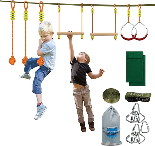 Happybuy Ninja Warrior Curso de Obstáculos para Niños, 56FT Ninja Line Slackline con anillos de gimnasio, barras de mono, nudos de cuerda, portátil