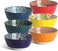 KitchenTour Bohemian Ceramic Cereal Bowls Set of 6 - 26oz Colorful Soup Bowls for Oatmeal, Salad, Pasta, Dessert - Microwave Oven Dishwasher Safe