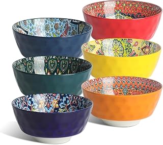 KitchenTour Bohemian Ceramic Cereal Bowls Set of 6 - 26oz Colorful Soup Bowls for Oatmeal, Salad, Pasta, Dessert - Microwave Oven Dishwasher Safe