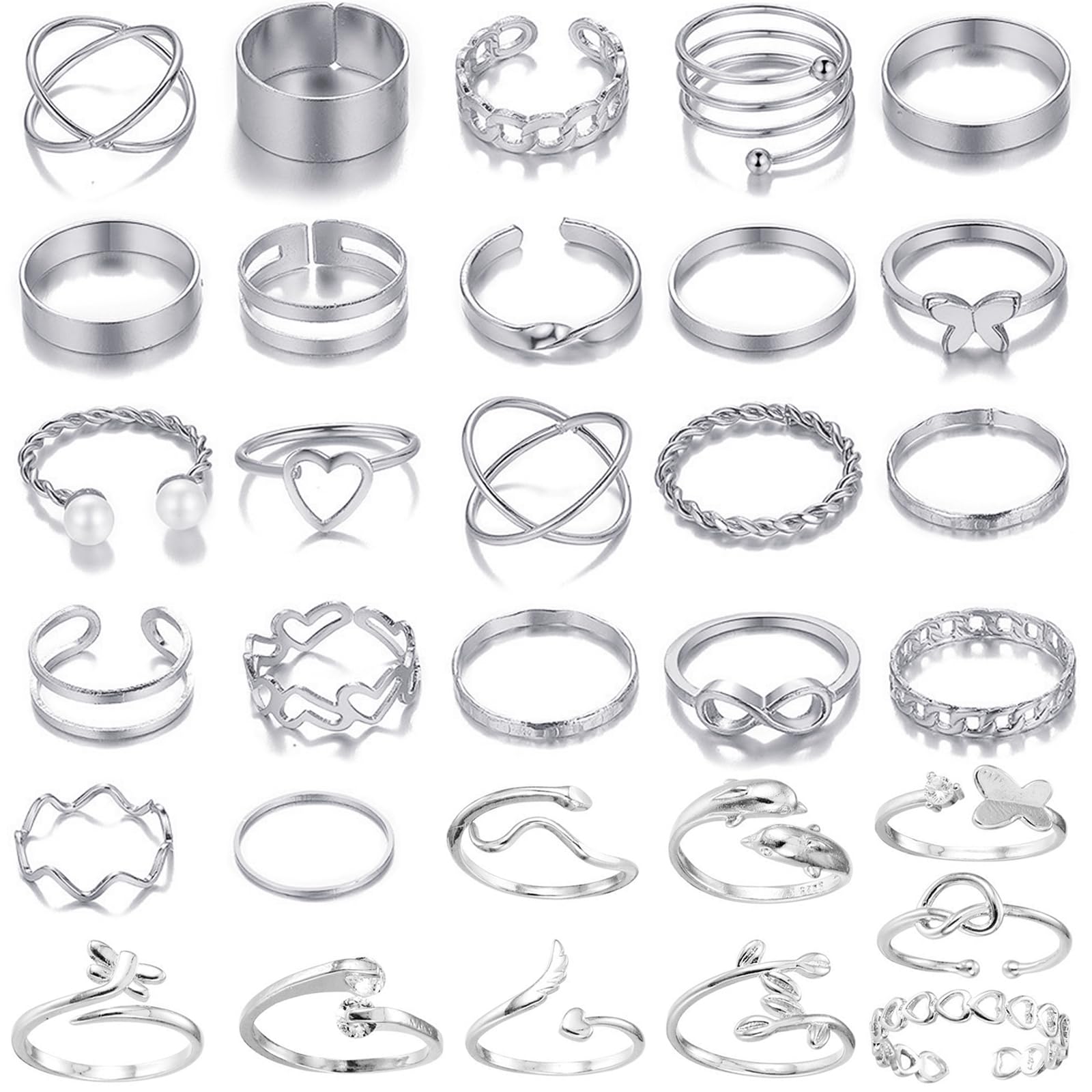 JSTHHTT31 Pcs Vintage Knuckle Rings Women Retro Vintage Knuckle Joint Rings Set Bohemian Stackable Joint Finger Rings Knot Adjustable Finger Ring Joint Ring Toe Ring Beach for Women Girls, Silver