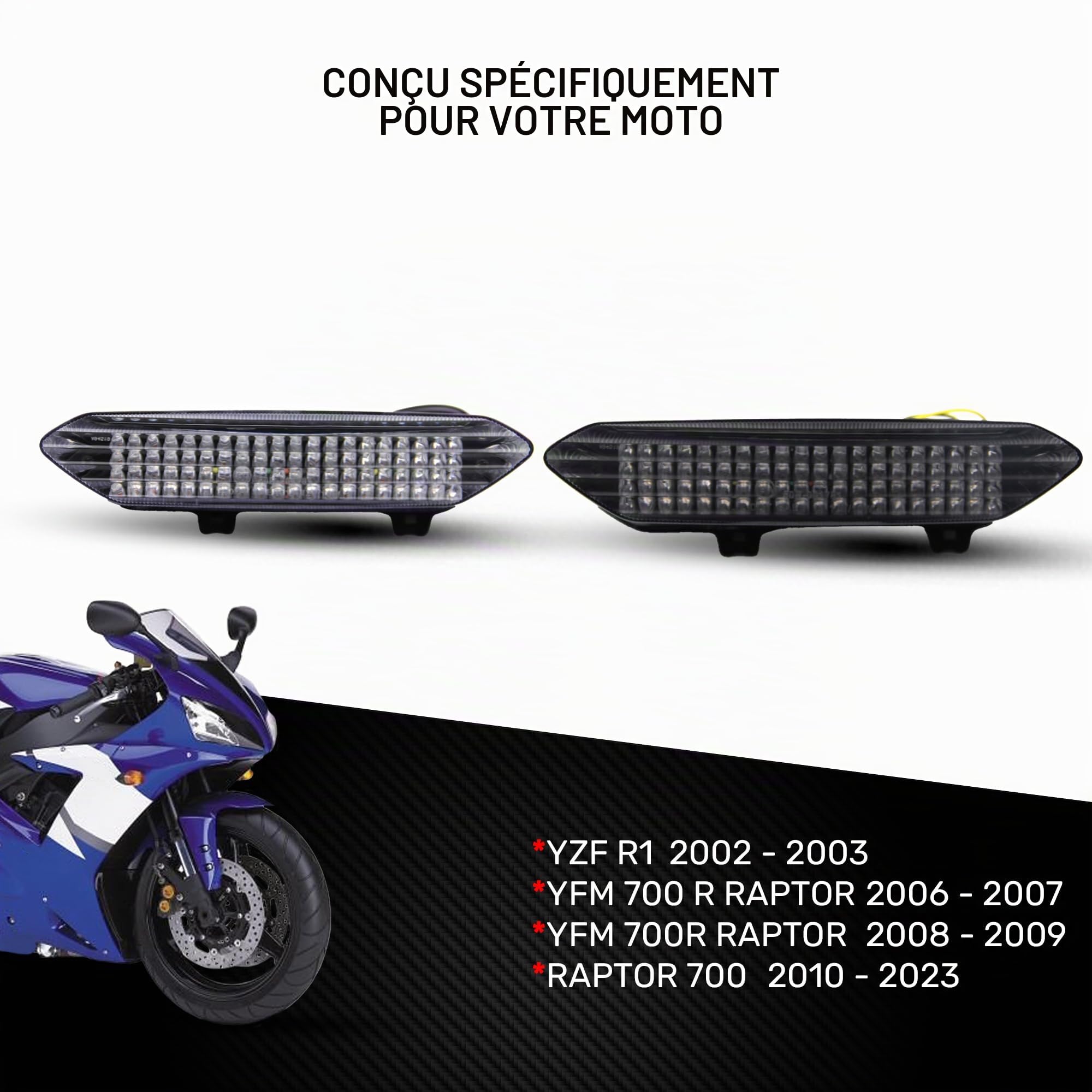 AVDB-moto Feu Arrière/Stop LED compatible avec YAMAHA YZF R1 YZF-R1 RN09 2002-2003, YFM RAPTOR 700 YFM750 AM07W 2006-2007, YFM RAPTOR 700 YFM750 AM07W 2008-09 + Clignotants Intégrés (Blanc Clair)