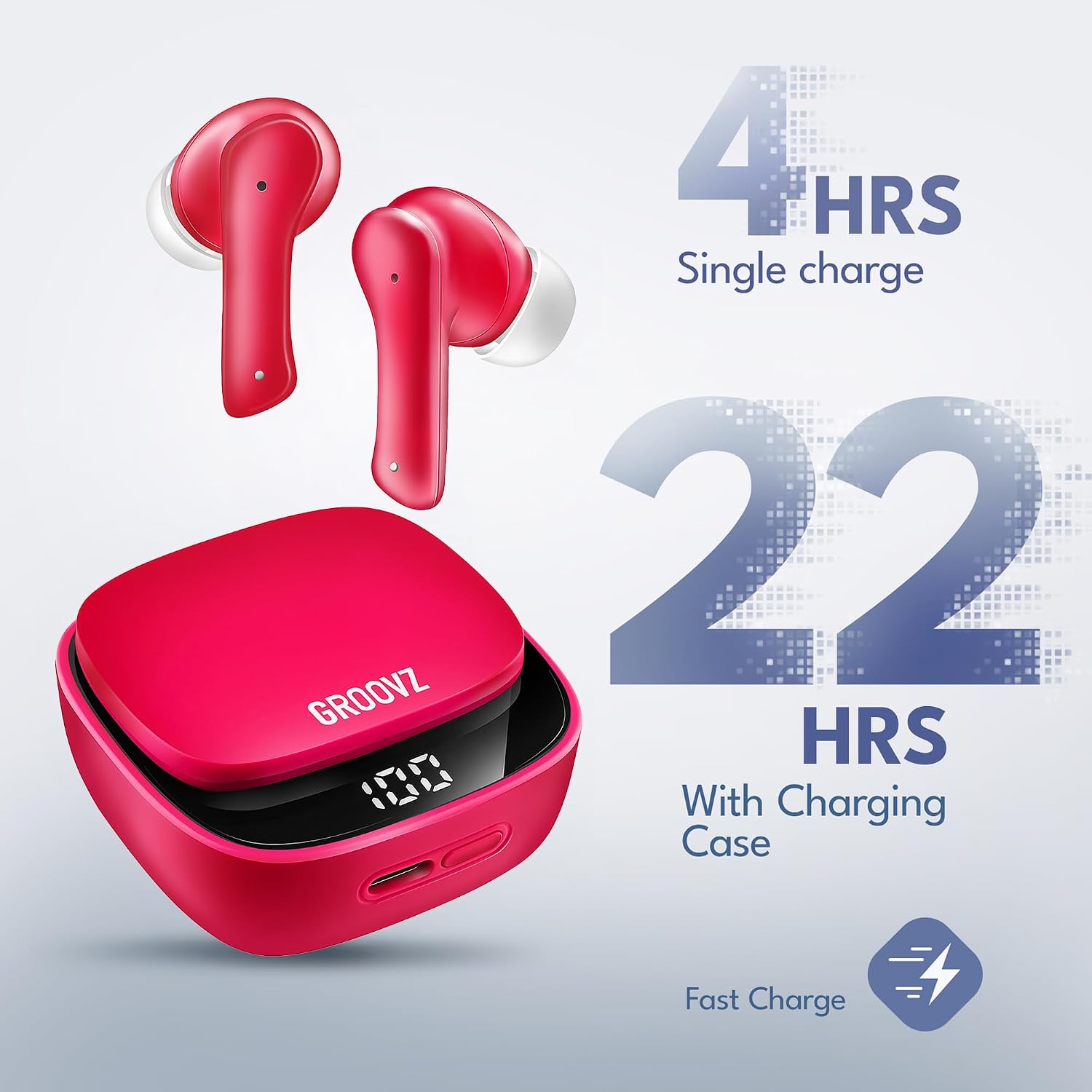 Groovz True Wireless Earbuds with Charging Case - Designed and Engineered in The USA - IPx4 Water Resistant Bluetooth Earbuds Compatible with Apple and Android - 27Hrs Battery Life - Magenta