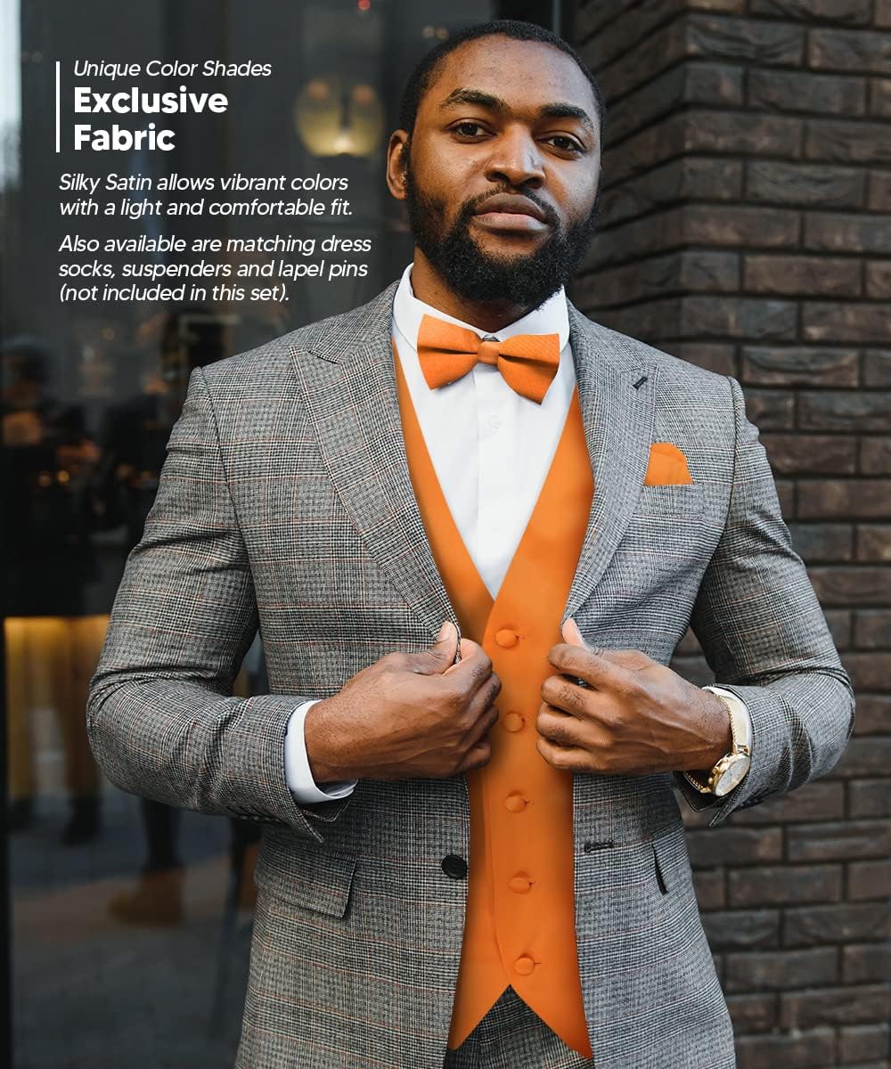 Solid Color Satin Suit Vest for Men Set of 4 - Vest, Tie, Bow Tie & Pocket Square (White Back)