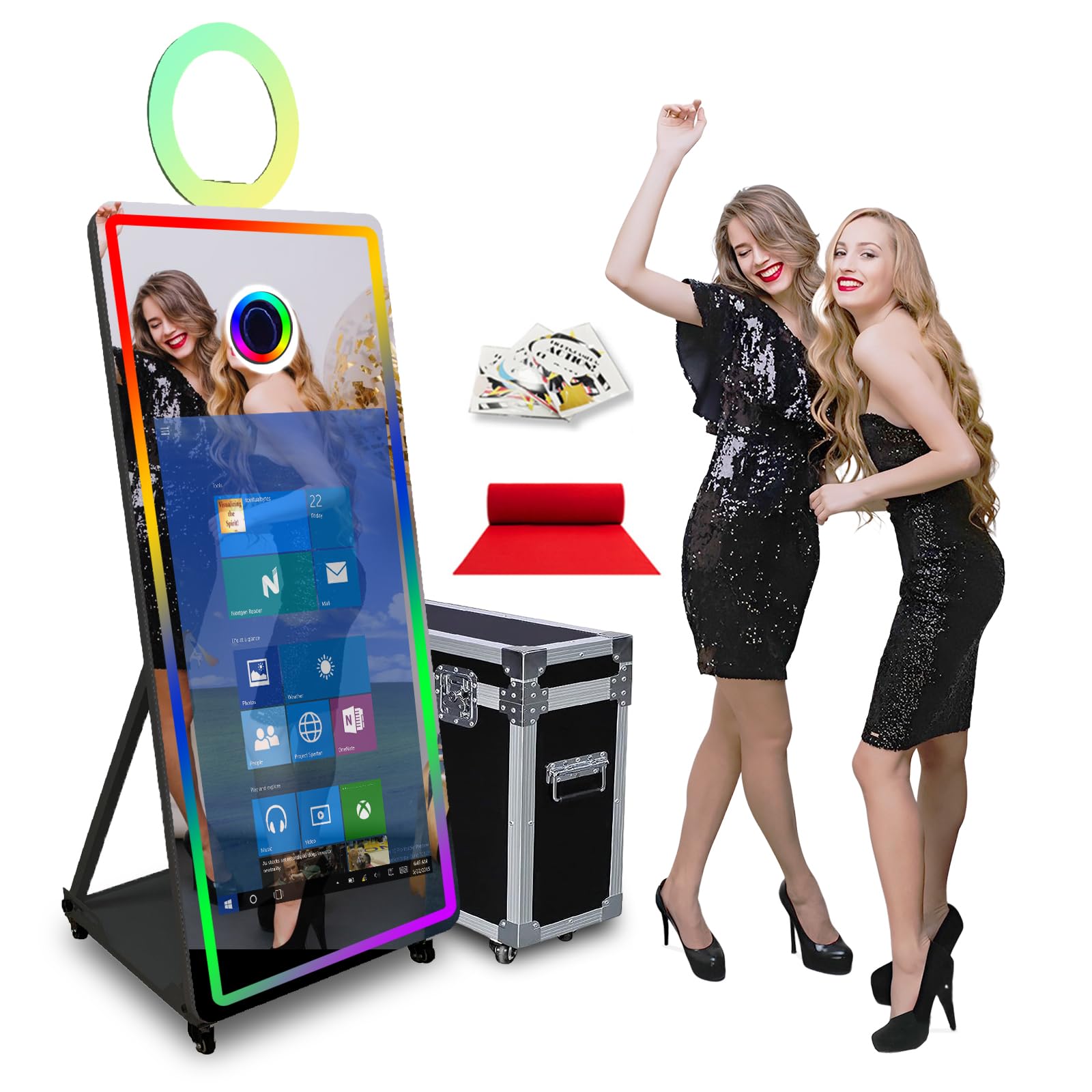 65in Mirror Photo Booth with 43in Touch Screen for Birthdays Weddings Events Holiday Party,Magic Mirror Photo Booth with APP/Remote Control RGB Lighting,with Flight Case（Black,Machine）